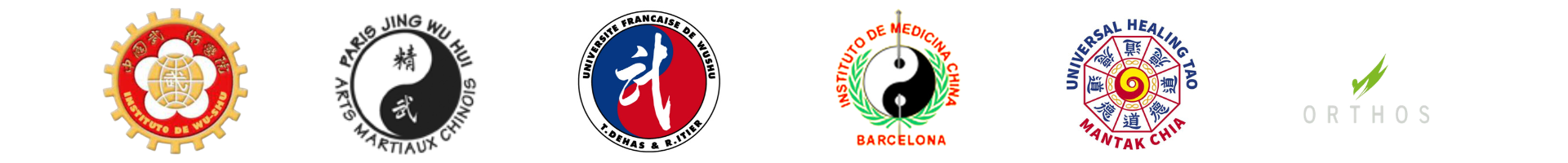 Logos of seven different martial arts and wellness organizations, including the Institute of Wushu, Paris Jing Wu, Université Française de Wushu, Instituto de Medicina China, Universal Healing Tao, and Orthos.