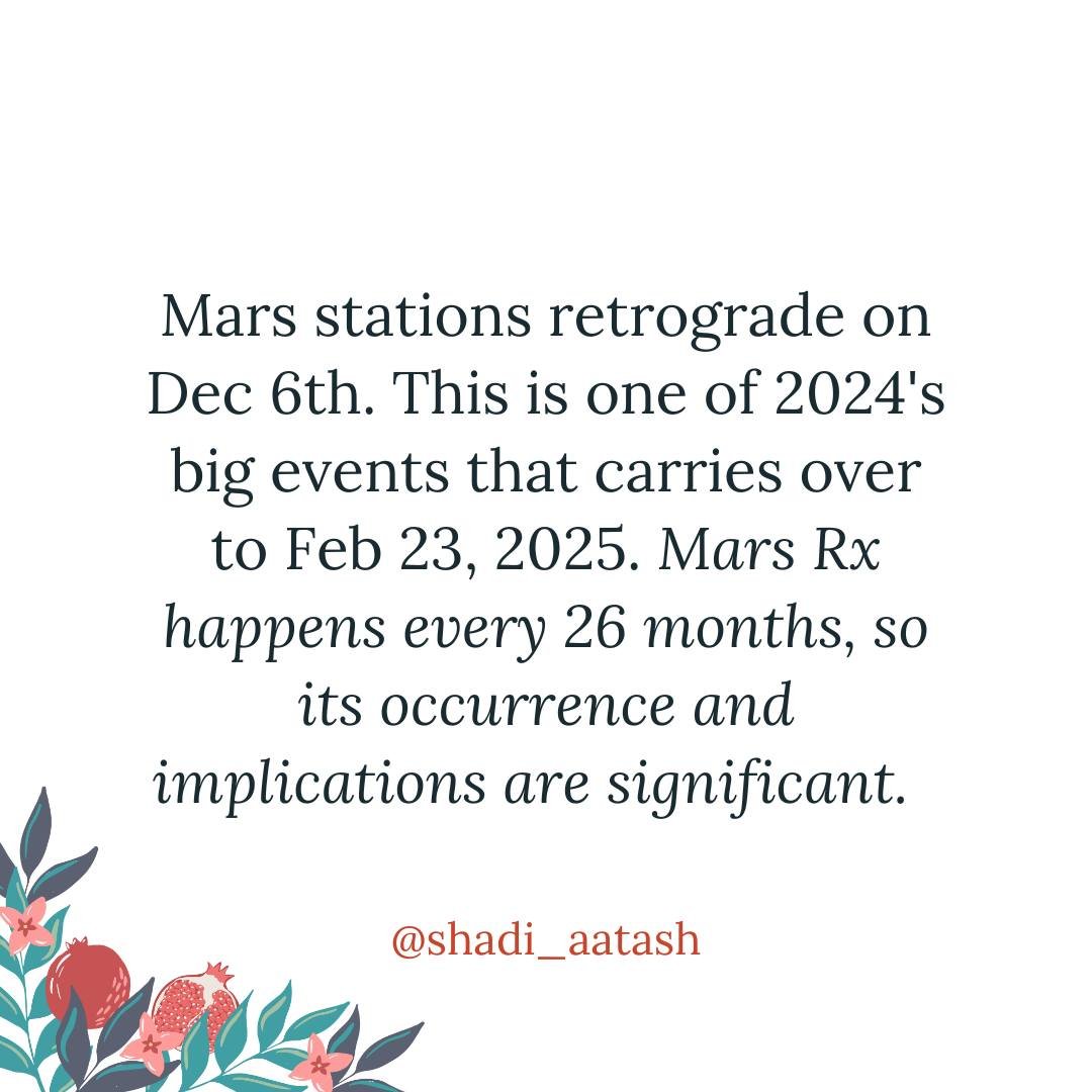 Every 26 months we get a chance to reassess and realign with Mars Retrograde.
Dec 6, 2024 to February 23, 2025 brings a time for reflection, not impulsive action. 

What Mars Retrograde activates in your life depends on a few things:

1- Where Leo (T