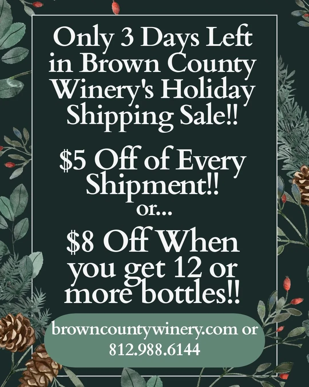 There are only three days left in our Holiday Shipping Sale!! Every order receives $5 off the total price and an order of 12 bottles will get $8 off the total.  Order wine at browncountywinery.com/buy-wine or call the winery at 812.988.6144.

There i