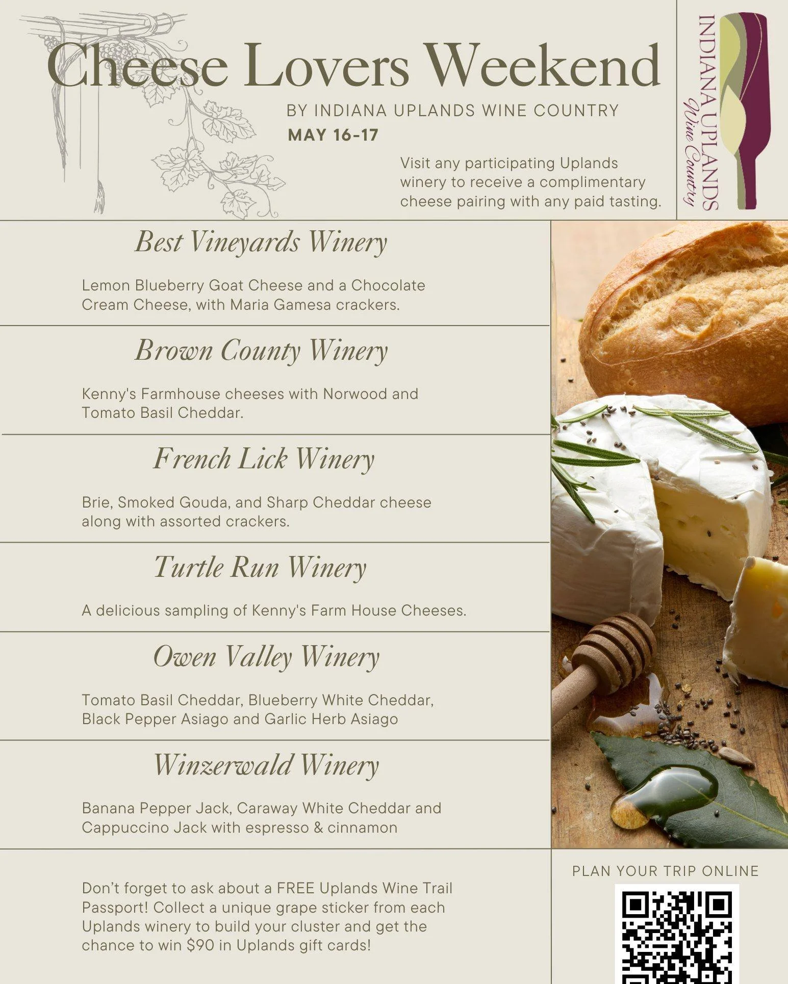 This weekend is the Indiana Uplands Wine Country Cheese Lover's Weekend!! Visit these 6 wineries for cheese samples to go along with your wine tasting!

#IndianaWine #ILoveBrownCounty