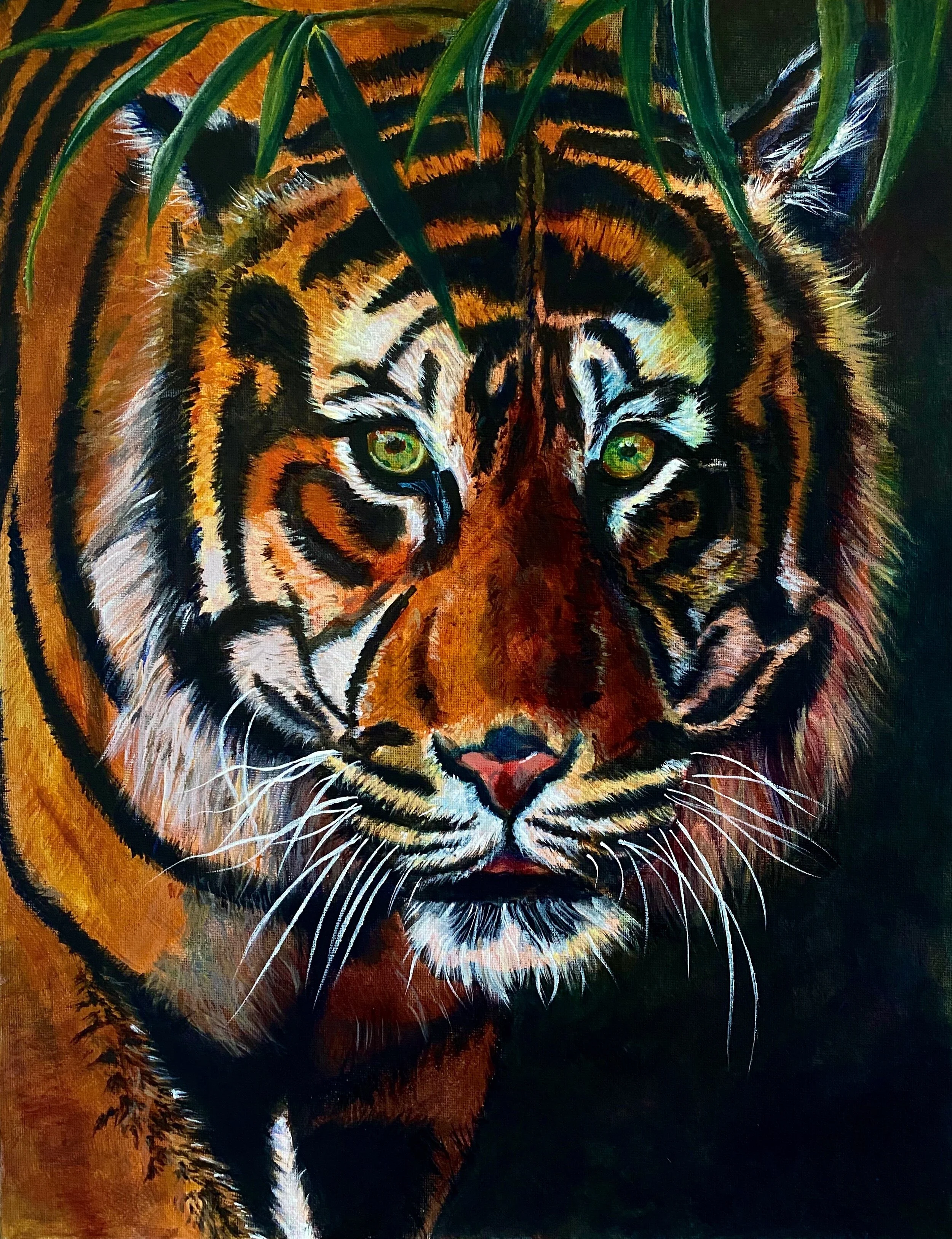 Painting of a tiger with part of its face blending into green foliage.