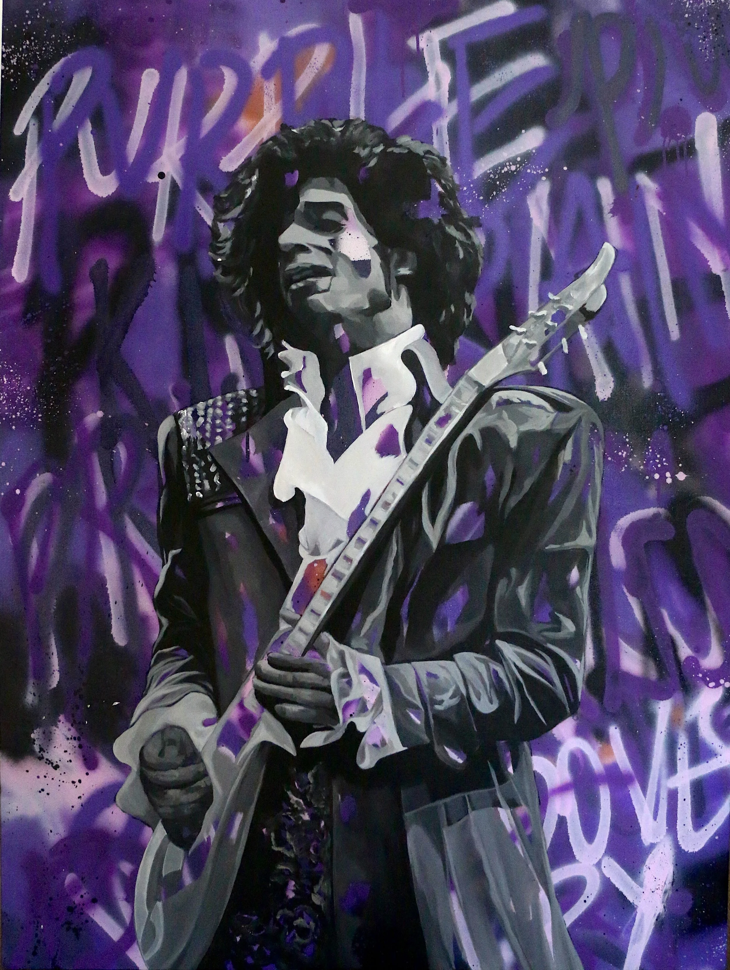A graffiti-style mural of a woman with dark hair holding a guitar, with purple and black spray paint background and abstract text.