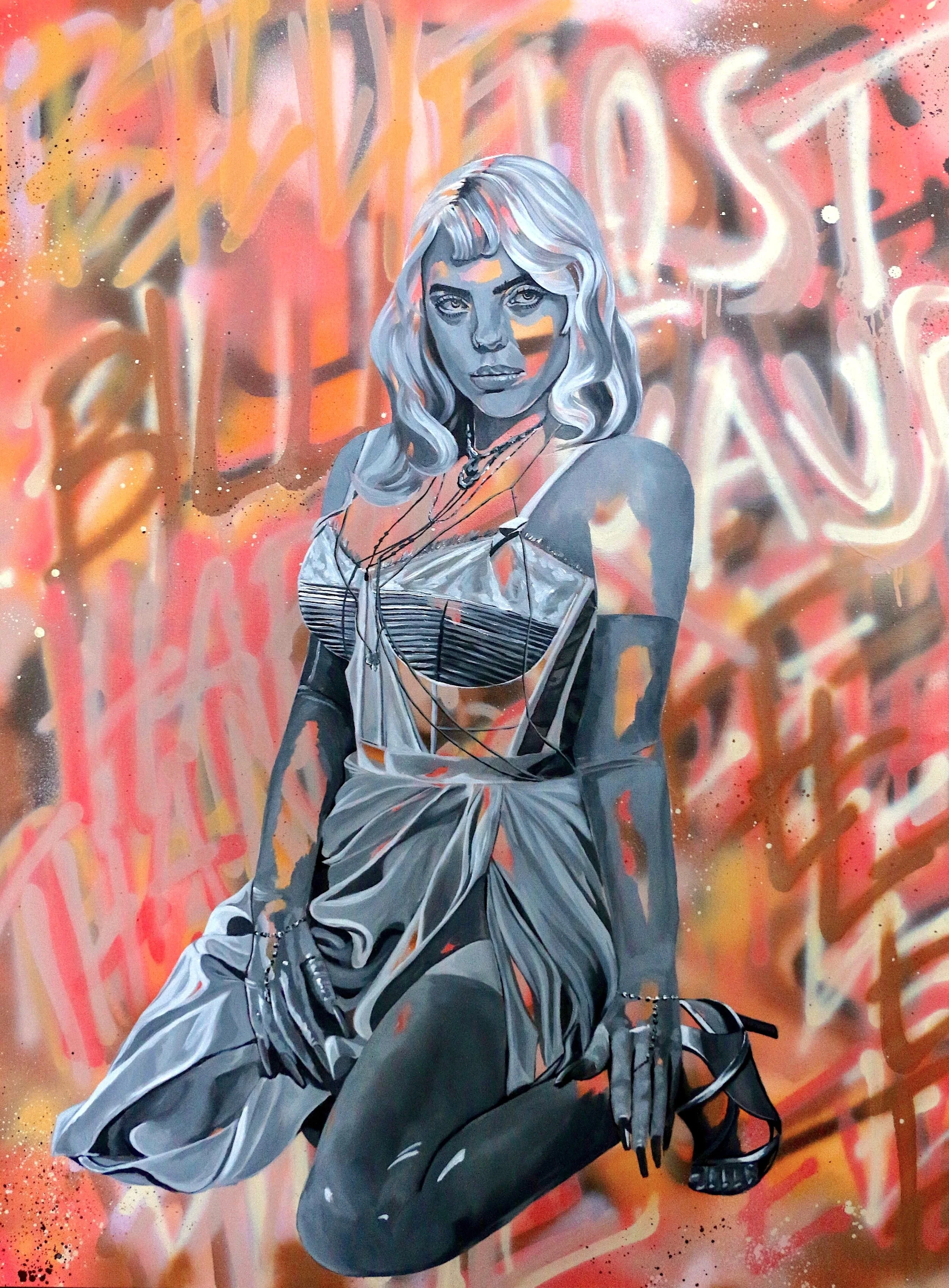 A street art mural of a woman with blonde hair, wearing a dress with striped top, layered necklaces, and high heels, against a colorful background with spray-painted graffiti.