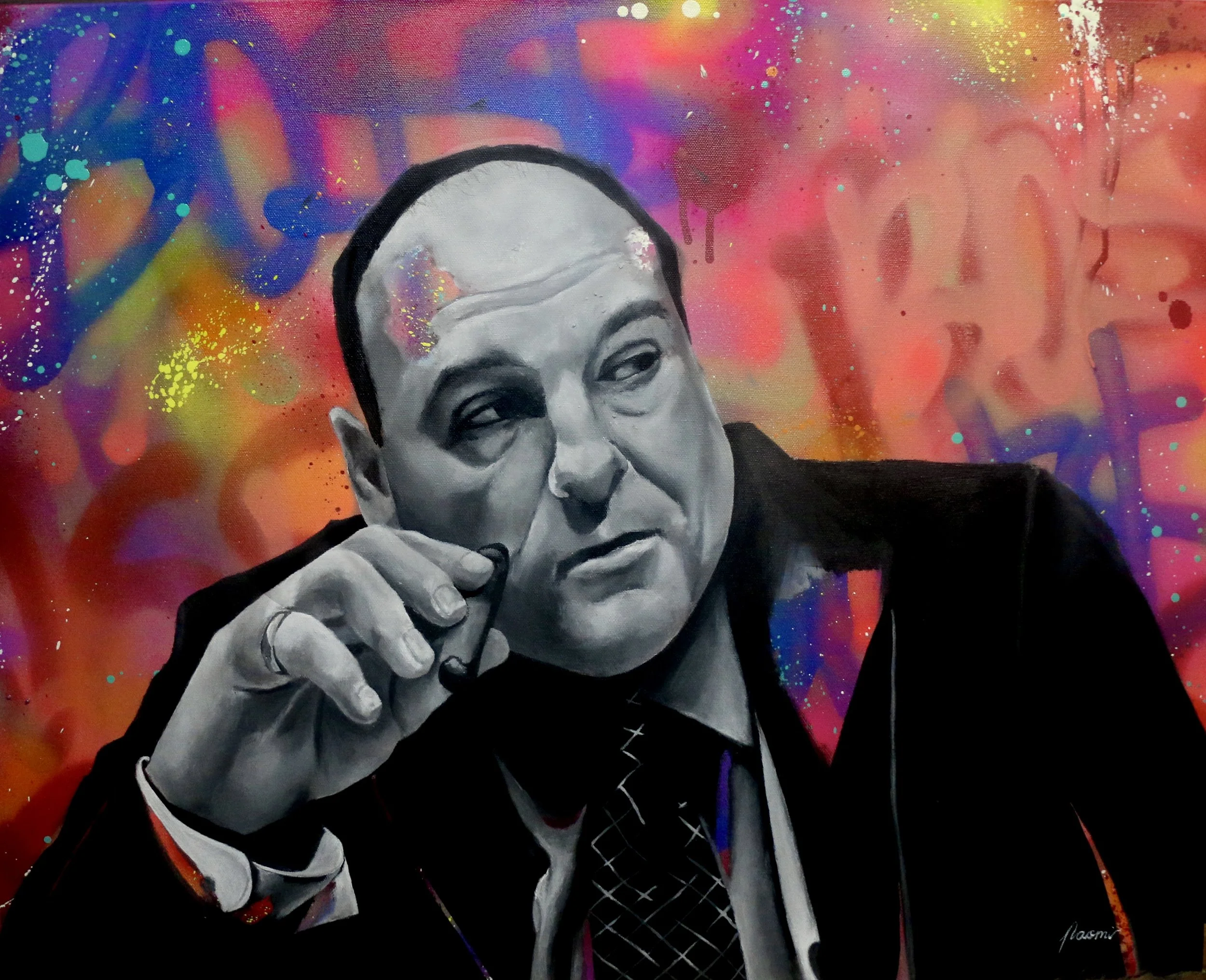 A black and white portrait of a man with bold shading, holding a cigarette near his mouth, against a colorful graffiti-style background with splashes of yellow, pink, purple, and blue.
