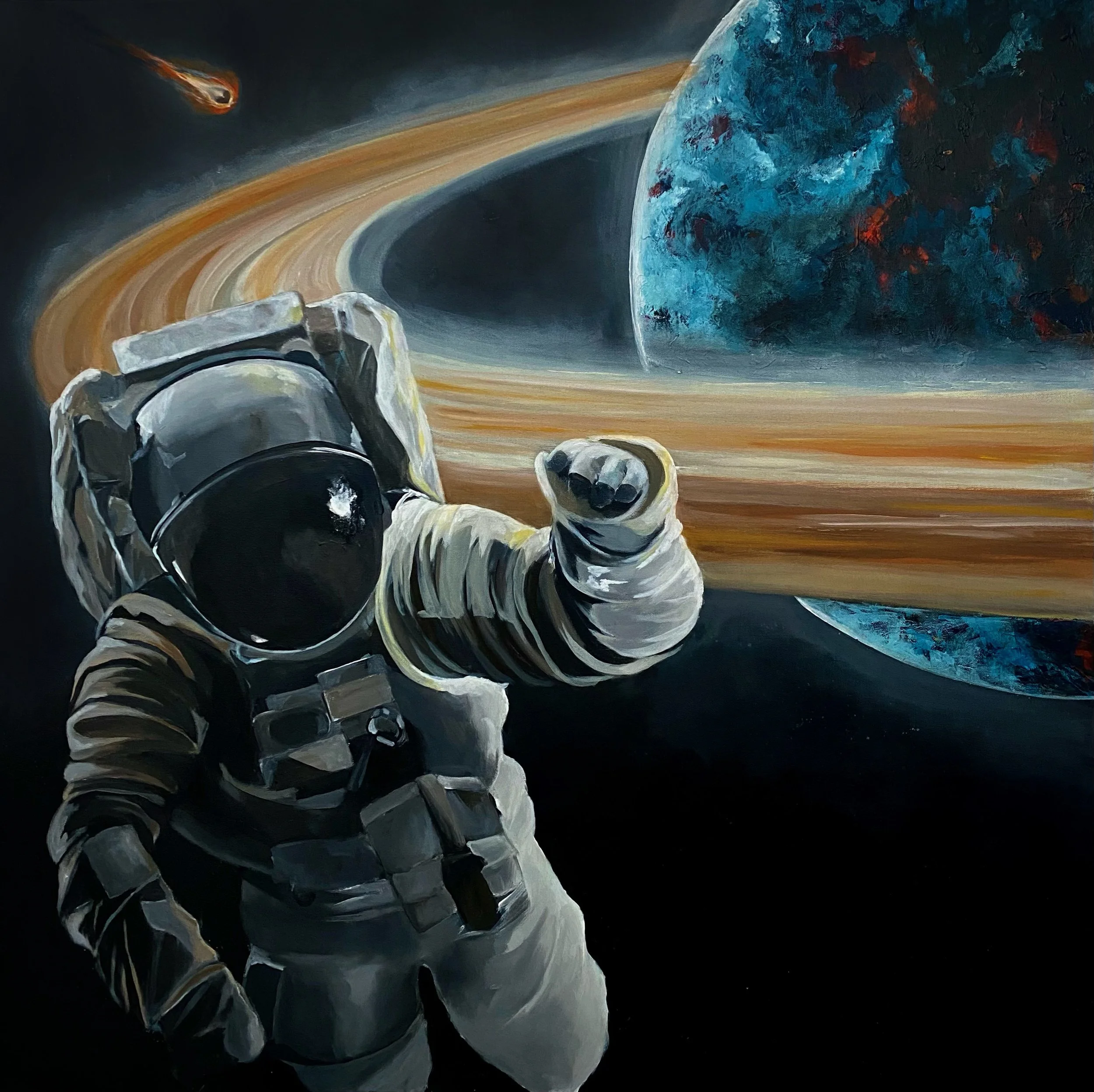 Painting of an astronaut in space, pointing towards the viewer, with a colorful planet and a comet streaking through space in the background.