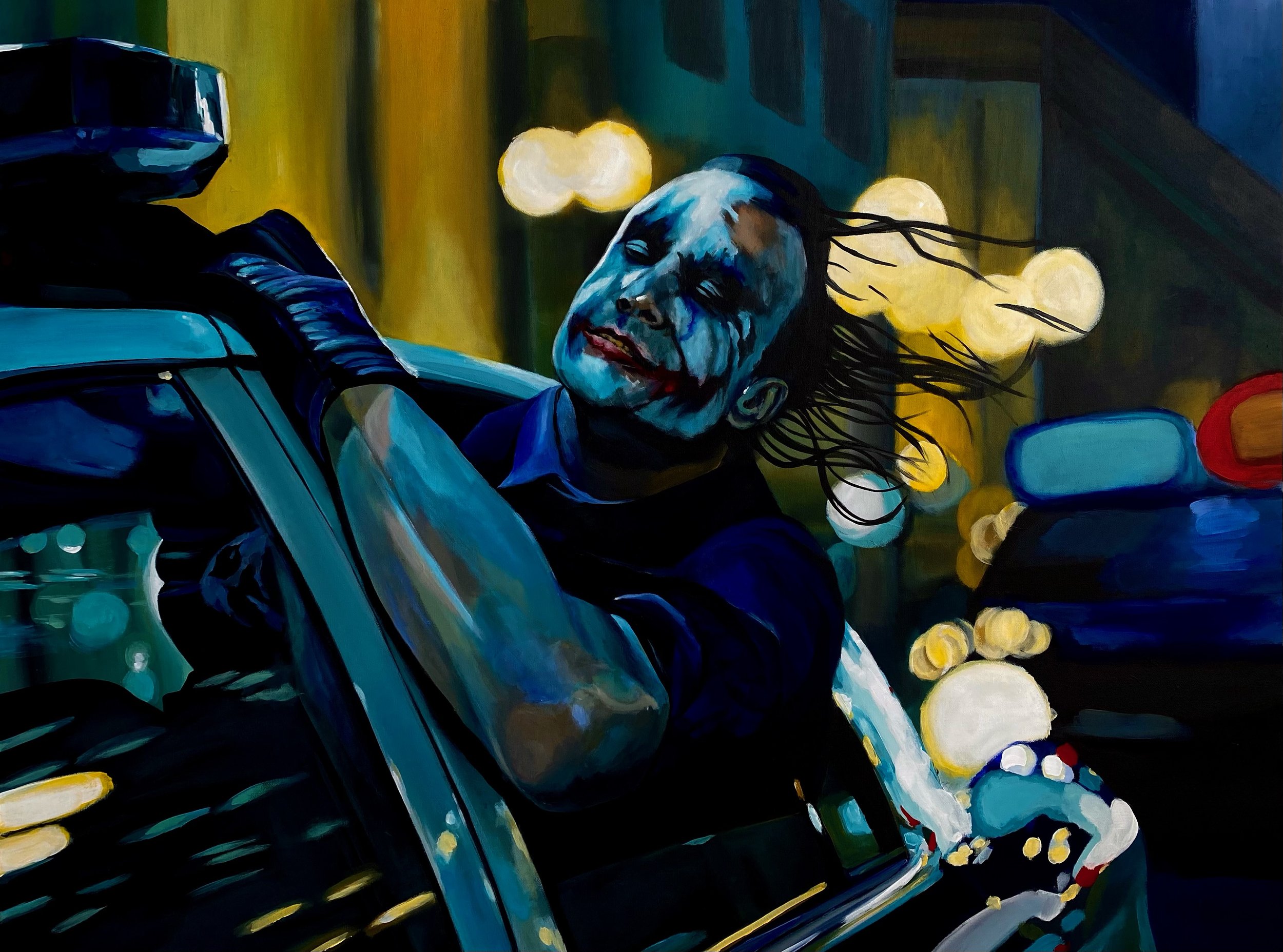 A mural painting of a woman dressed as the Joker, sitting on a police car with a city background at night, bright yellow and blue colors dominate the scene.