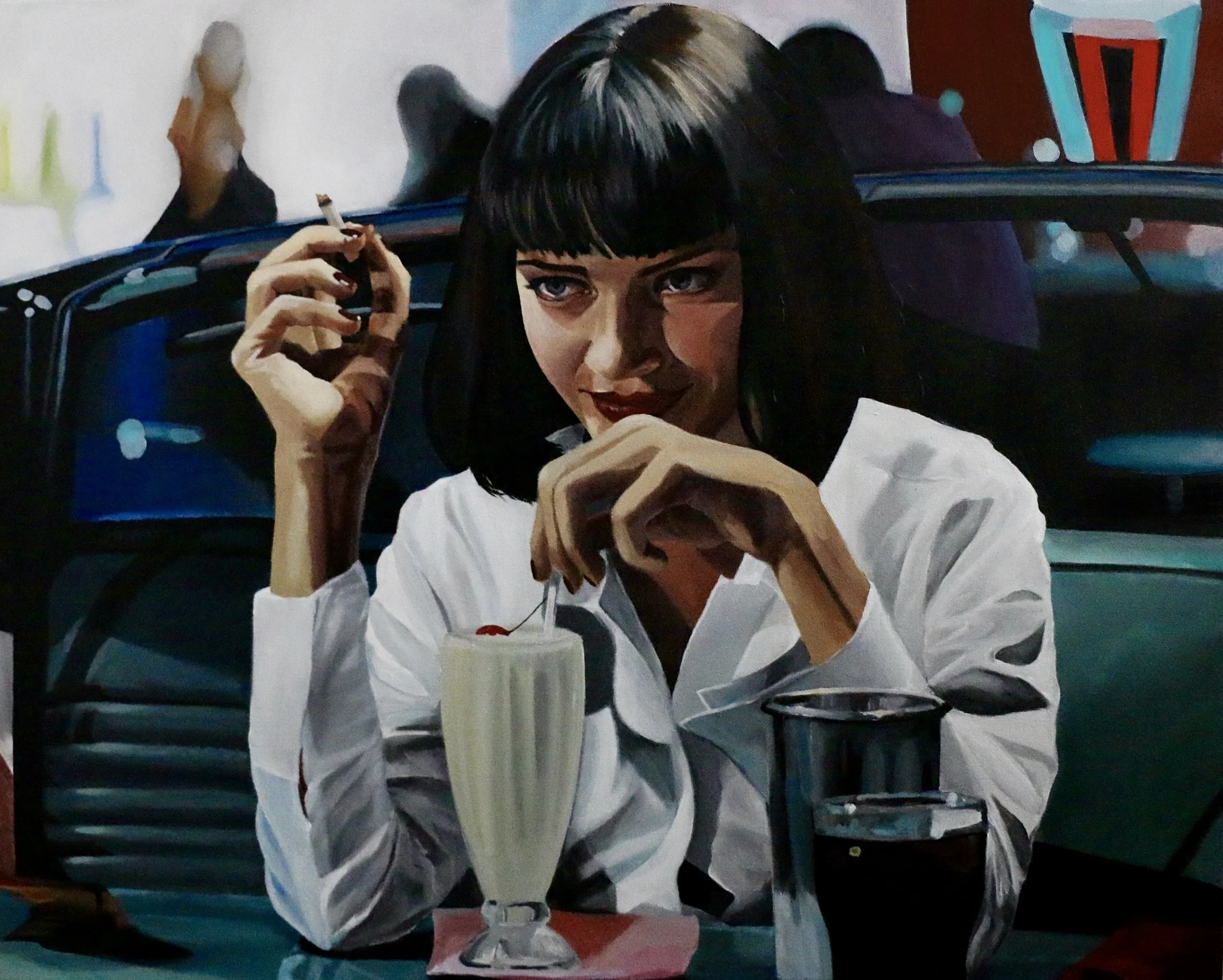 A woman with black hair and bangs, wearing a white shirt, sitting at a table with a milkshake topped with whipped cream and a cherry, and a glass of dark soda. She is holding a cigarette and resting her chin on her hand, with a confident expression. 