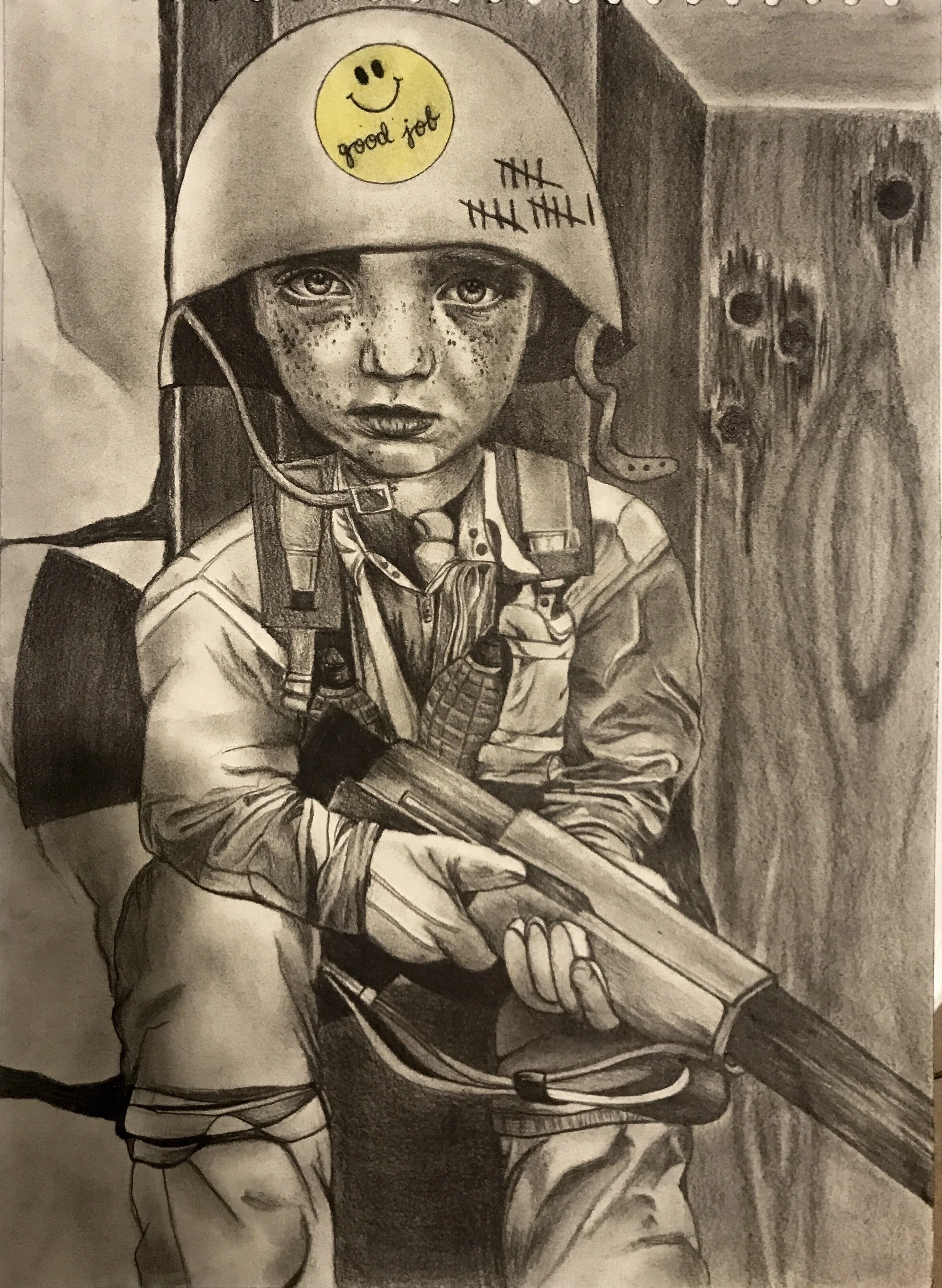 A black and white drawing of a young child dressed in military gear, wearing a helmet with a smiley face sticker and the words 'good job'. The child is holding a rifle and sitting in front of a wooden wall.