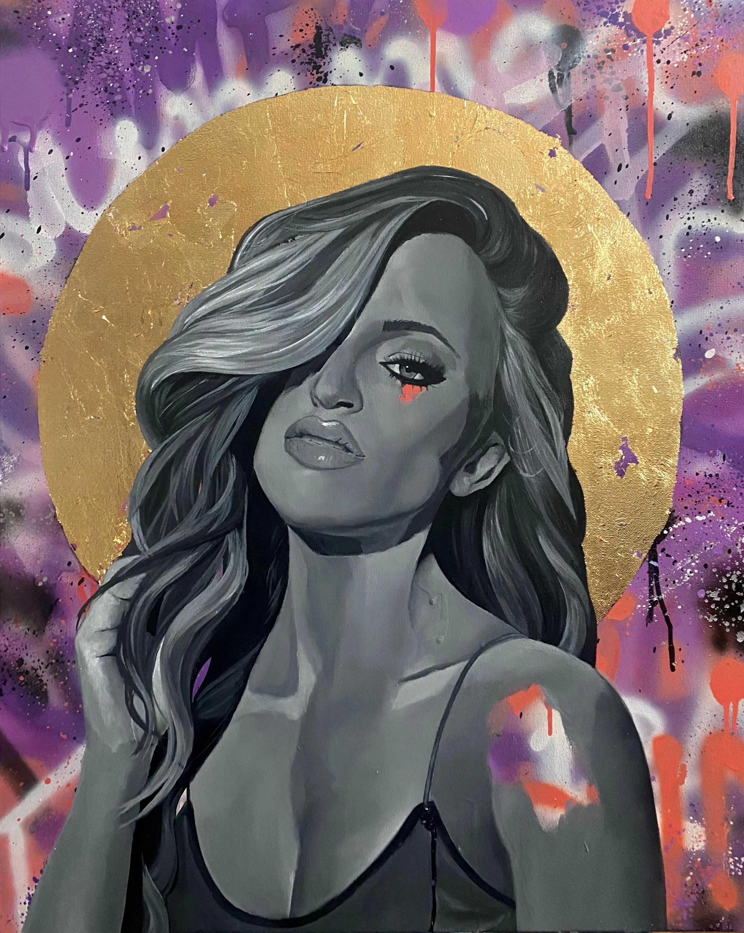 A black and white portrait of a woman with wavy hair, with a gold circle behind her head and a purple and pink graffiti-style background.