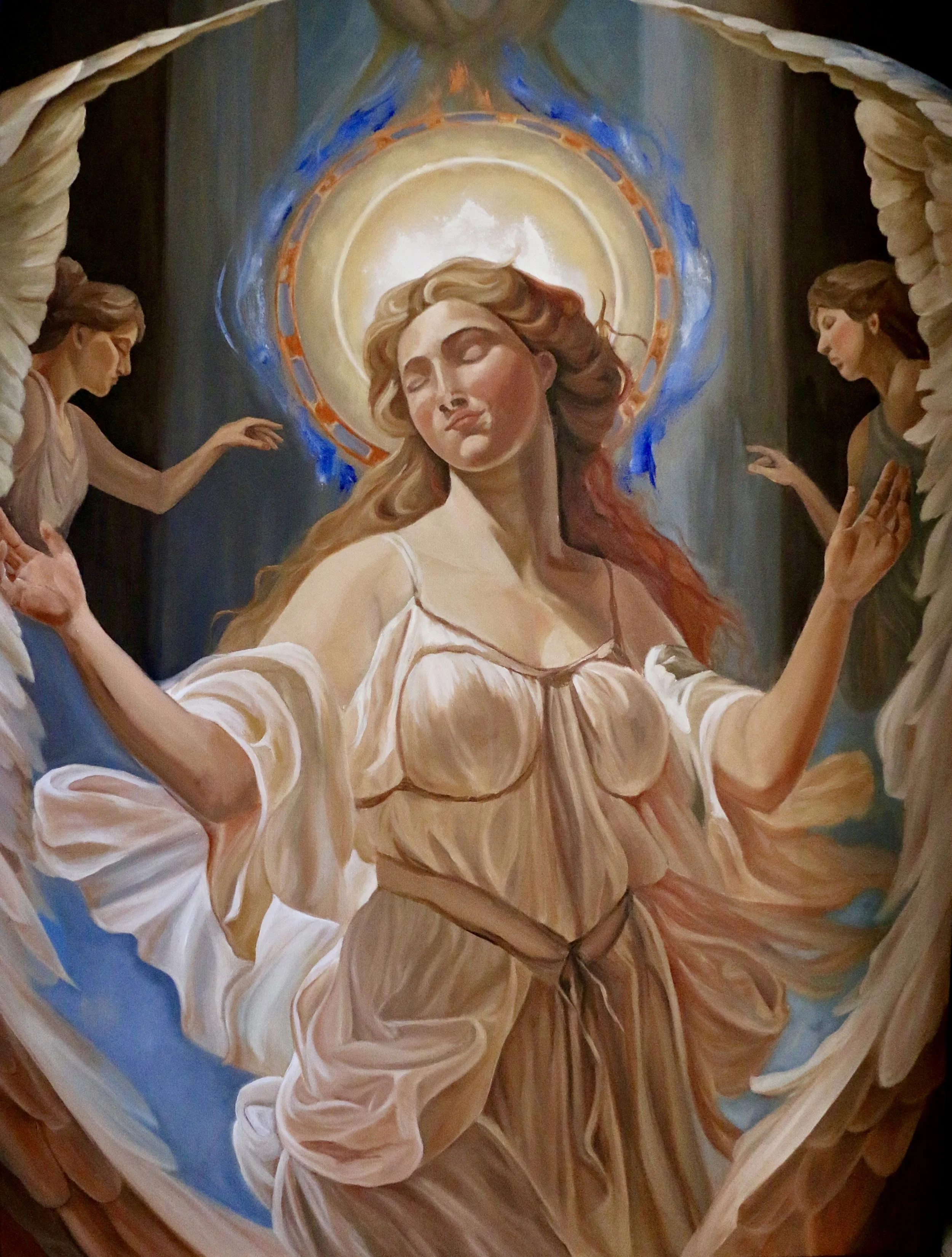 A painting of a woman with long, flowing hair, surrounded by angels with a glowing halo behind her head.