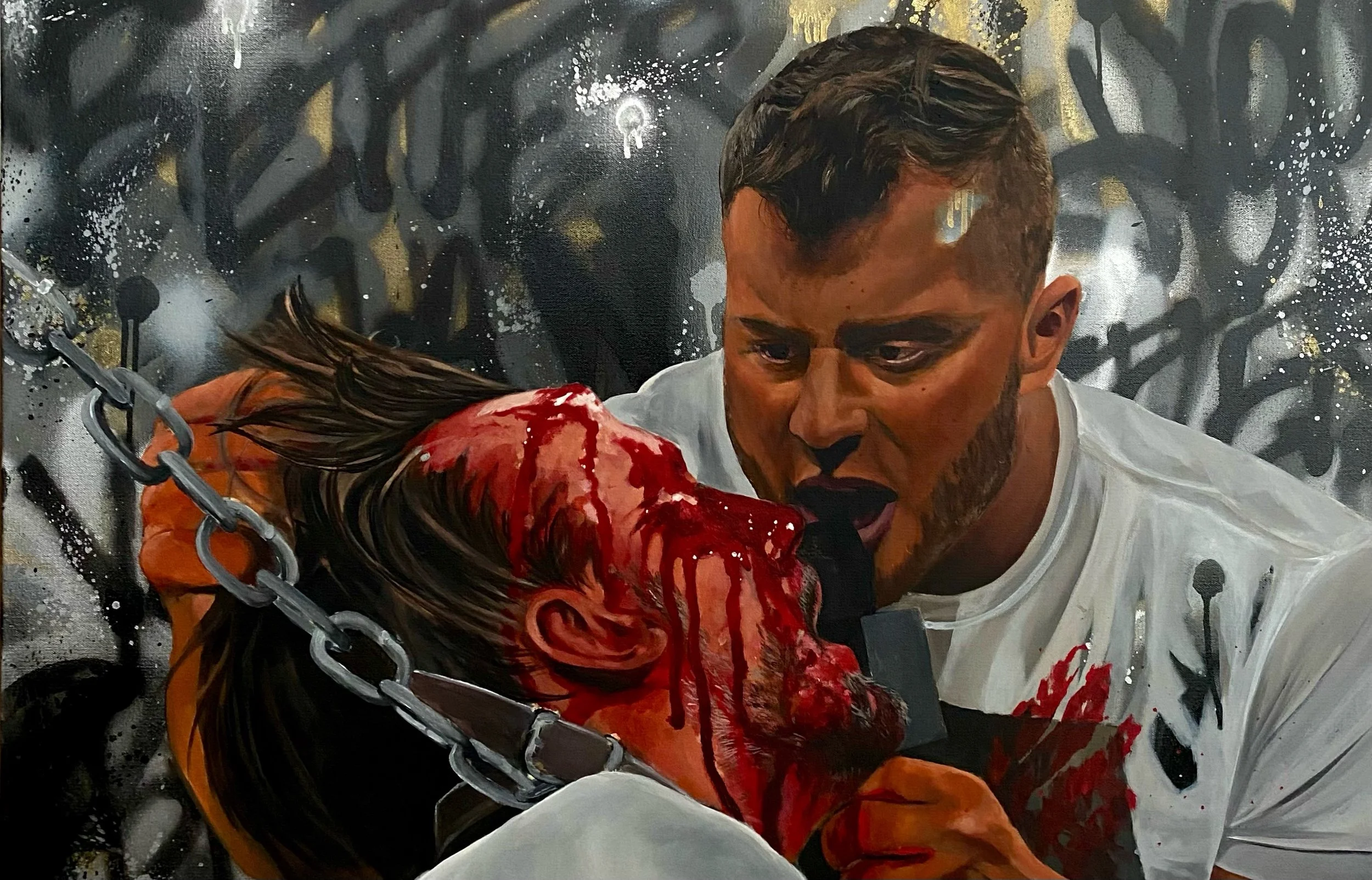 A painting depicting a man with short dark hair and a beard, wearing a white shirt, holding and leaning over a bloodied, injured woman with long dark hair, blood on her face, and a chain wrapped around her shoulder, in front of a dark graffiti-like b