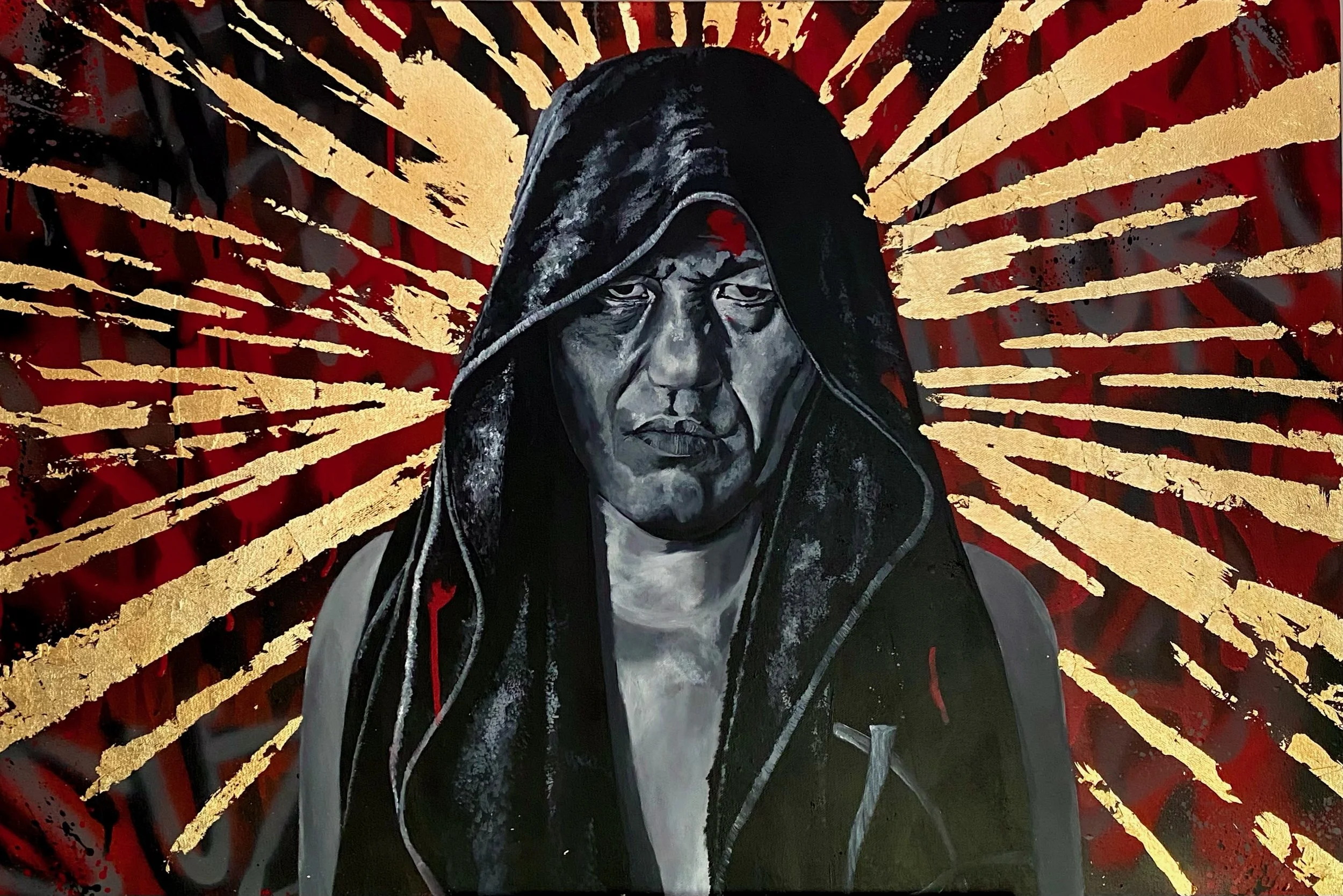 A black and white portrait of a person wearing a hooded jacket, set against a vibrant red background with gold splatter and streaks radiating outward.