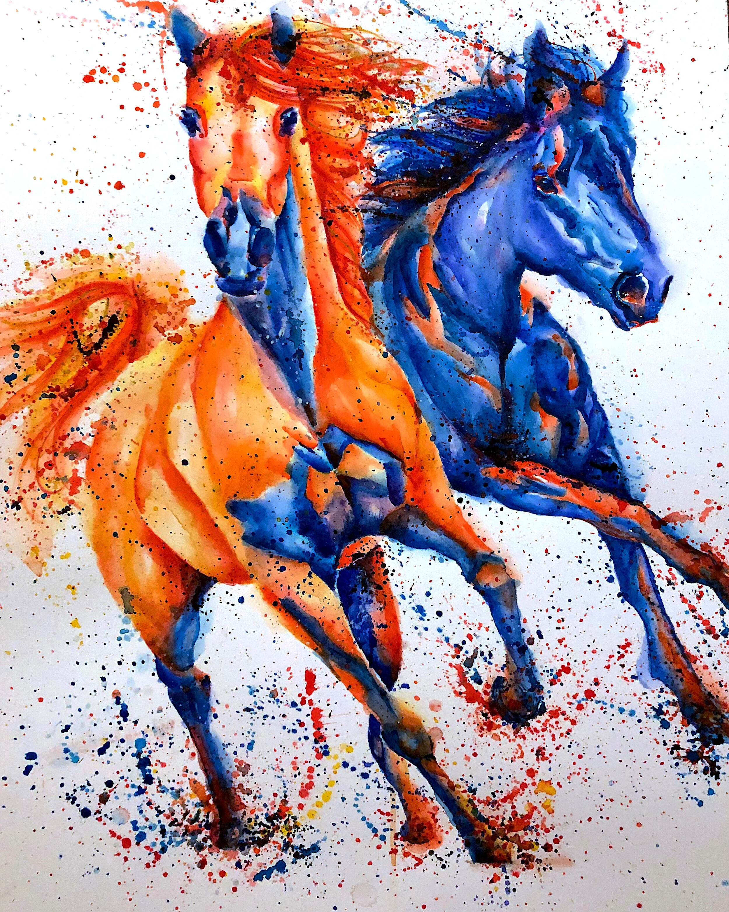Colorful watercolor painting of two galloping horses, one orange and one blue, with splashes of paint around them.