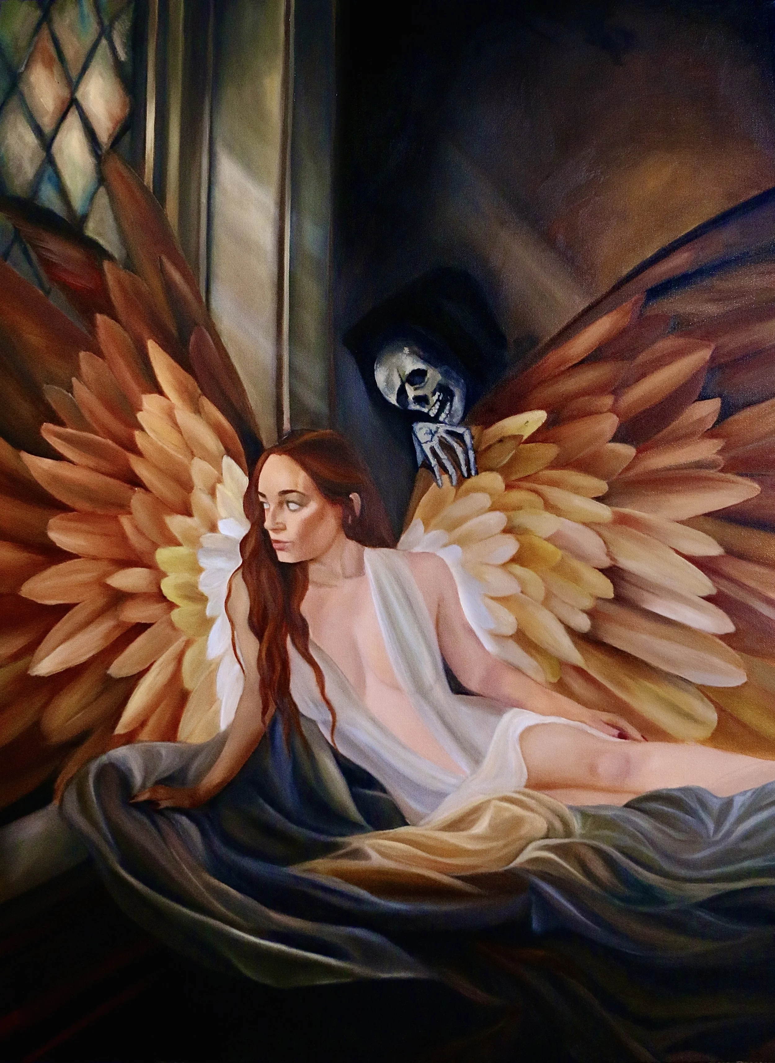 A mural painting depicting a woman with long brown hair, sitting with large, detailed golden butterfly wings, and a dark looming figure with a skull face and a hooded appearance in the background.