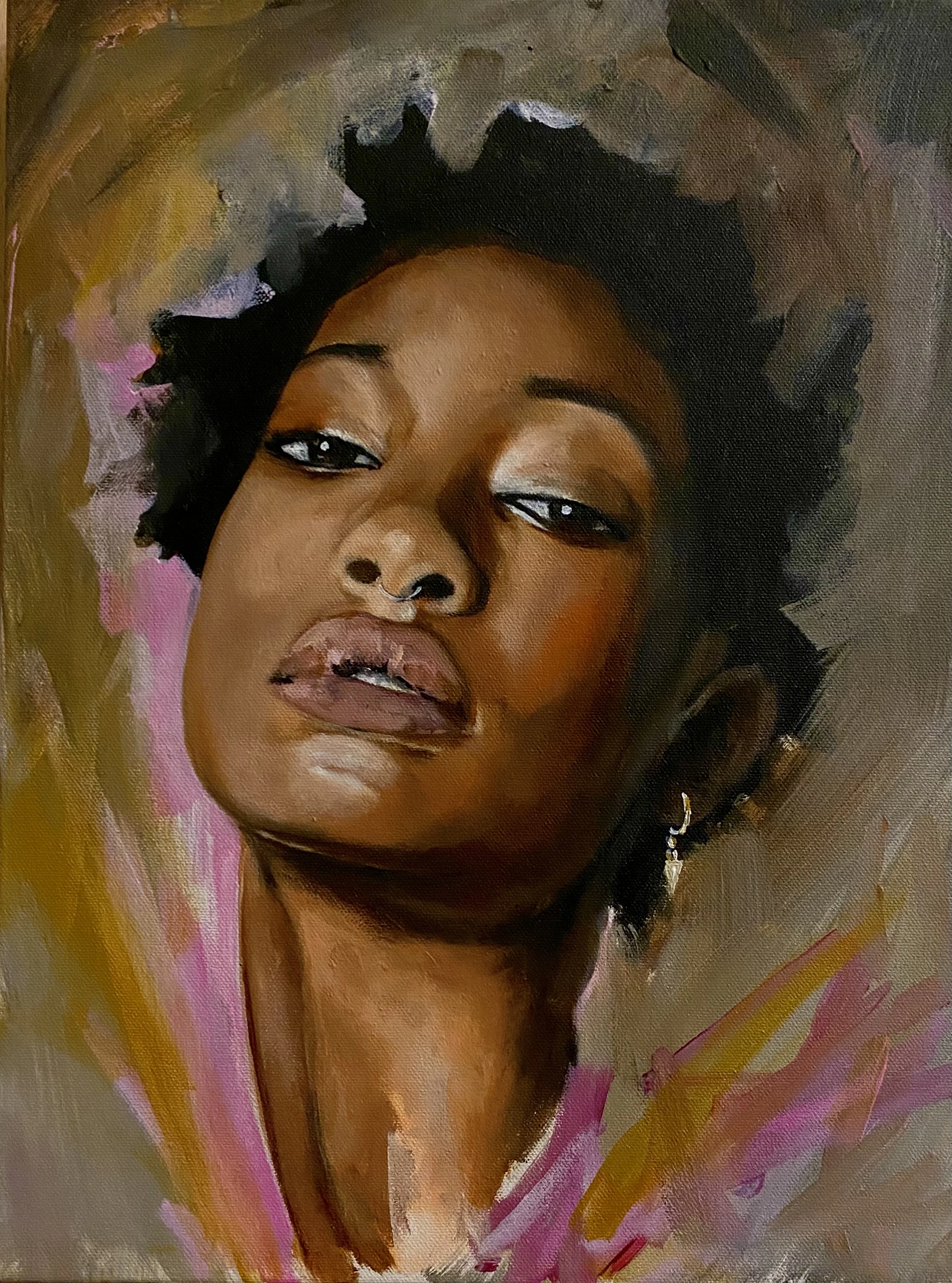 A portrait painting of a woman with dark hair styled in twists, wearing earrings and a pink top, with a serious expression against a multicolored background.