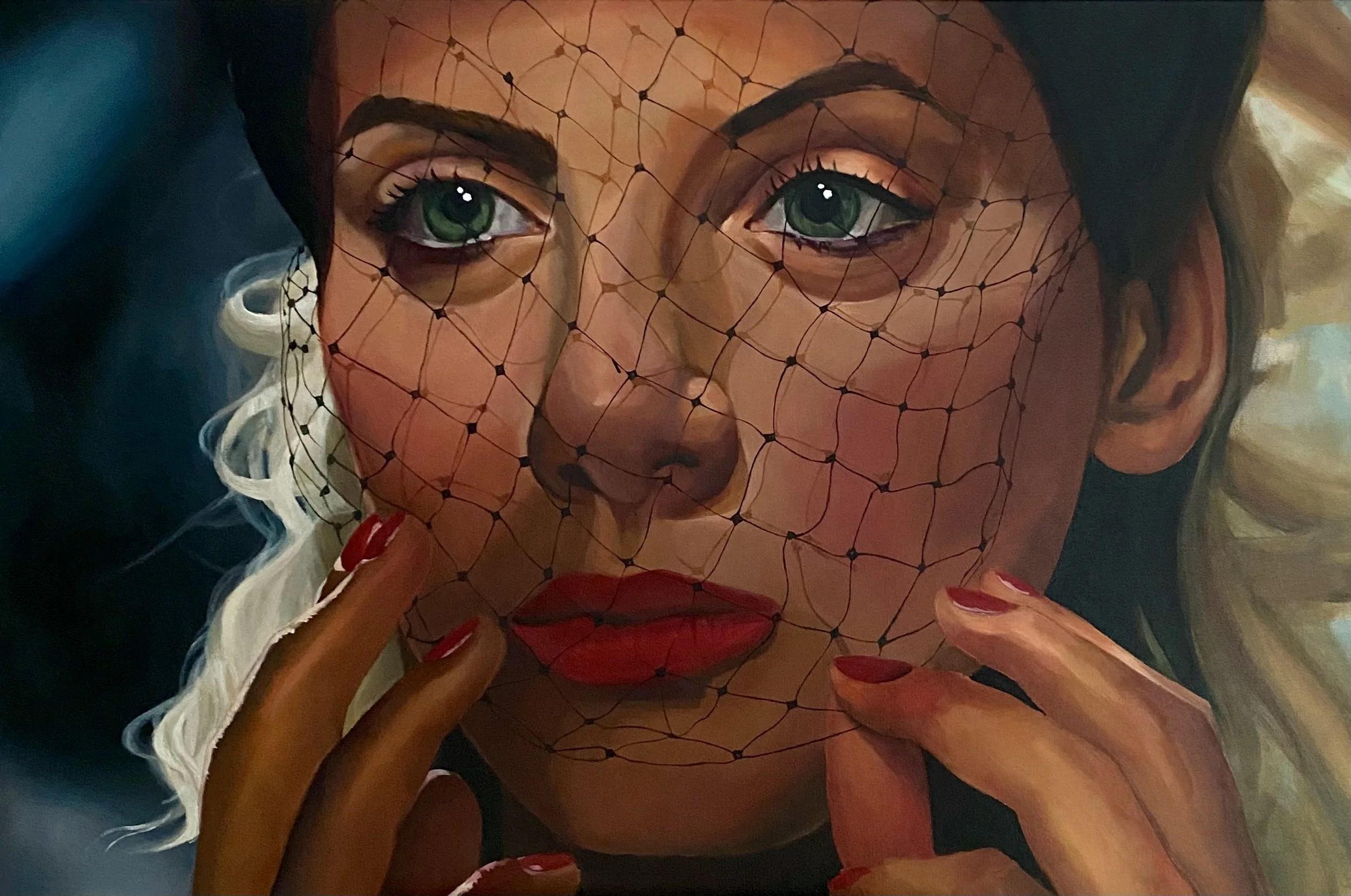 A painting of a woman with green eyes, red lips, and red nails, wearing a black hat and a black netted veil, with her hand touching her face.
