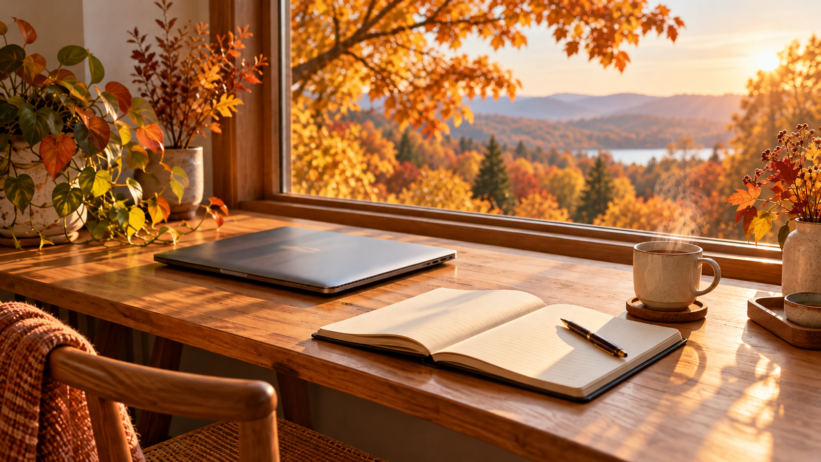 Sunlit autumn workspace with a laptop, open journal, pen, and warm cup beside a window overlooking colorful trees.