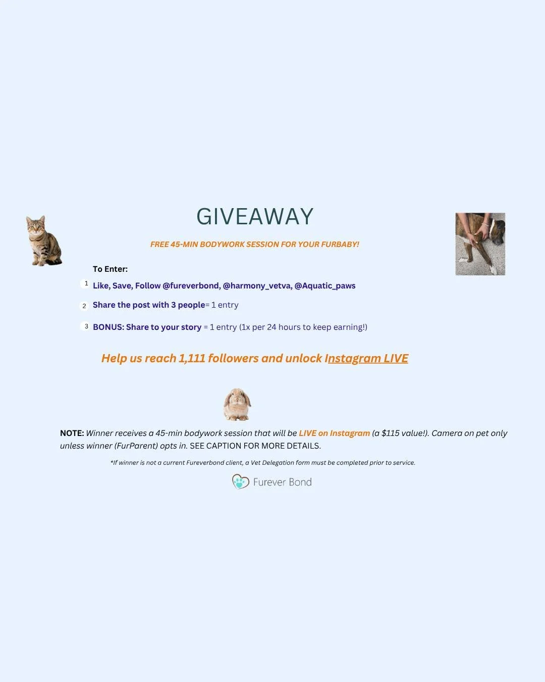 We&rsquo;re giving away a free 45-minute bodywork session for your pet! 🐶🐱🐰
To celebrate our Instagram growth and help us unlock LIVE, we&rsquo;re offering one lucky winner a complimentary session valued at $115.

This session will be featured liv