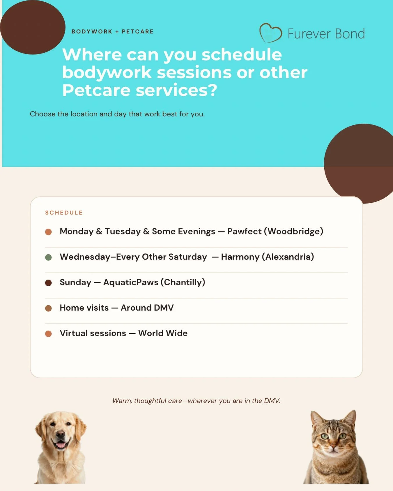 Wondering where to find FurEverBond? 🐾 Most sessions come to YOU &mdash; we&rsquo;re a mobile practice serving Woodbridge, Lake Ridge, and the greater Northern Virginia/DMV area. You can also catch us in person at AquaticPaws in Chantilly or Harmony