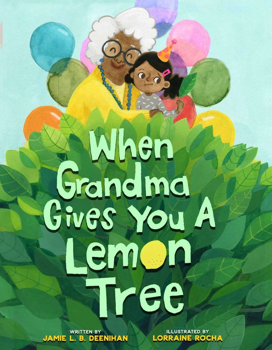 A happy grandmother hugging her skeptical looking grandmother in a lemon tree with multi-colored balloons in the background