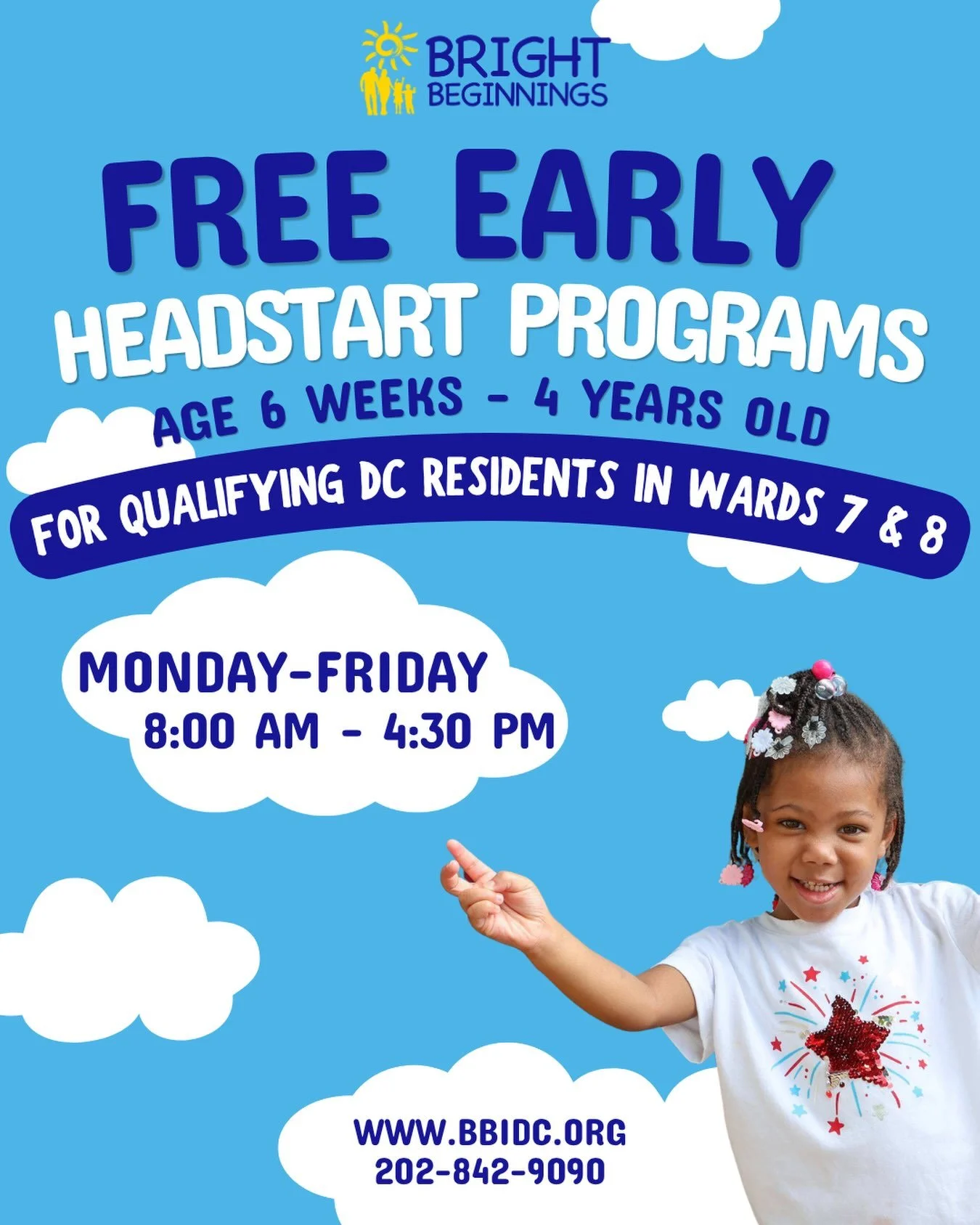 Looking for FREE early childhood education in Washington, DC?

Bright Beginnings is enrolling children ages 6 weeks to 4 years old in our Early Head Start and Head Start programs.

Eligible DC residents in Wards 7 and 8 can access high-quality early 