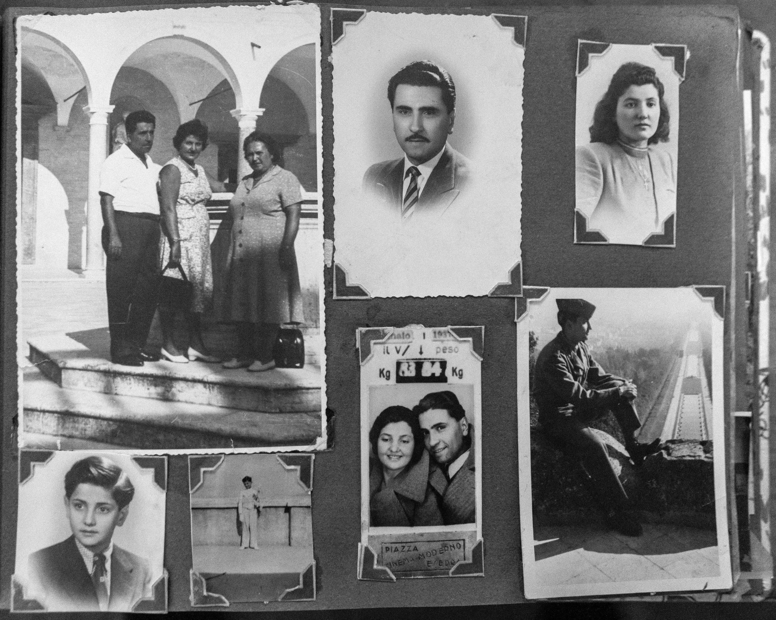 Black and white photograph of vintage photographs and cutouts of people, including a woman with short hair, a man with a mustache, and a group of people outside a building with arches.