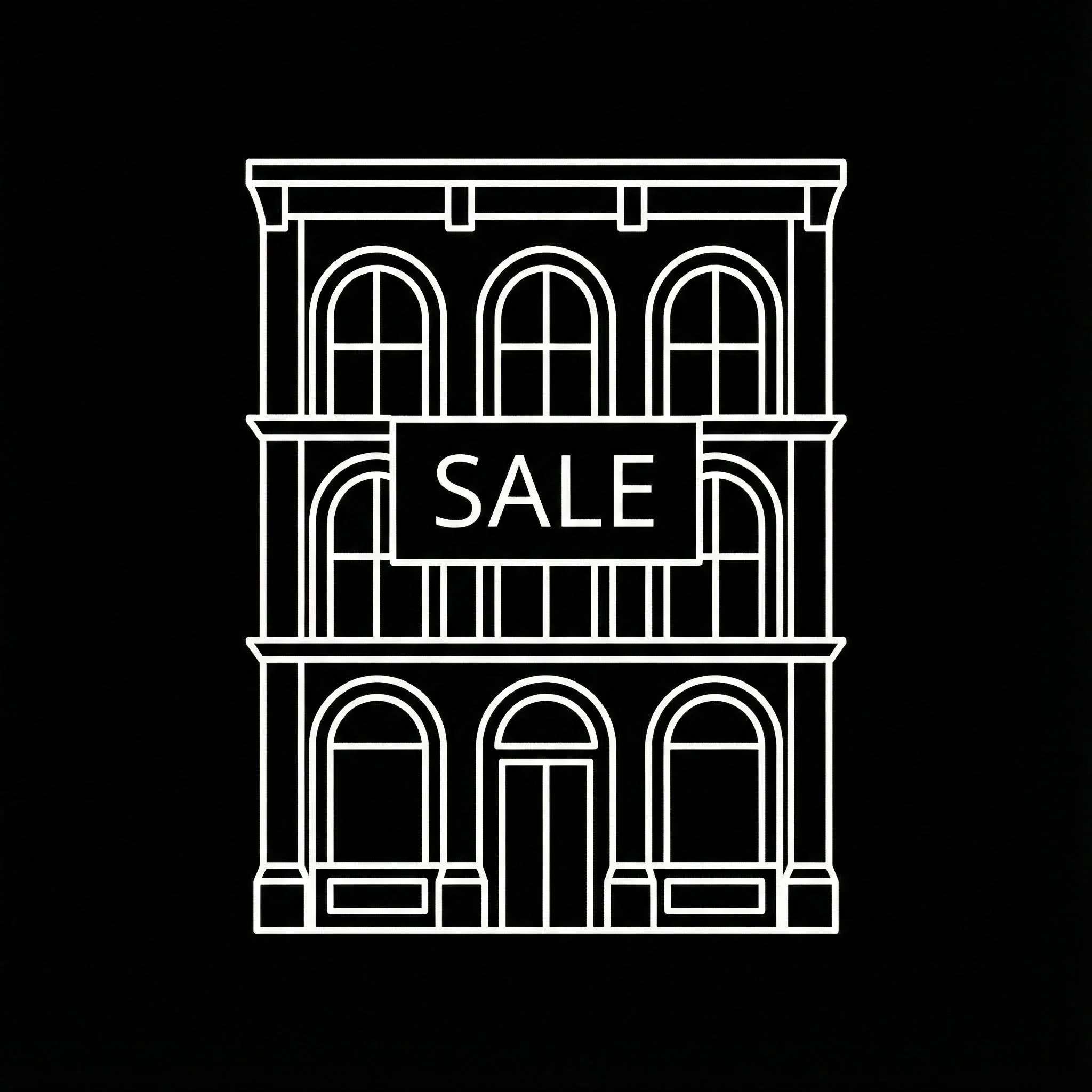 Pep Real Estate icon for commercial investment properties, depicting a white wireframe SoHo cast-iron building with a 'SALE' sign.