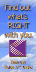 Advertisement for Kolbe A™ Index with text "Find out what's RIGHT with you" and logo on a cloud background.
