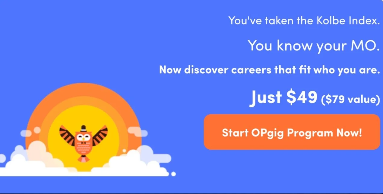 An advertisement for a career discovery program featuring a cartoon owl flying in front of a stylized sunrise with clouds. The background is blue, and the text promotes the Kolbe Index and a special price of $49. The ad includes a bold orange button that says 'Start OPgic Program Now!'