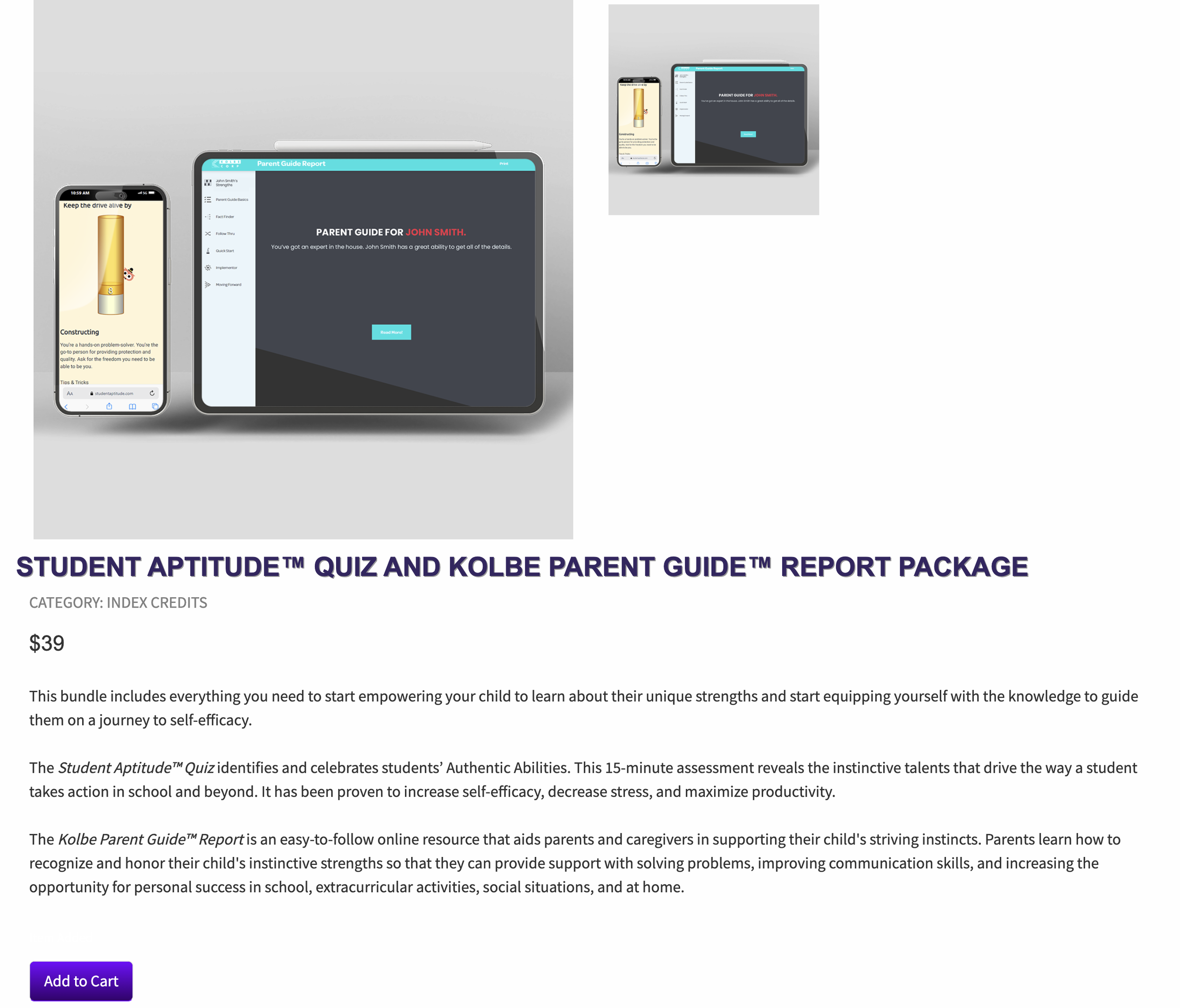 Multiple electronic devices displaying a student aptitude quiz and a parent guide report, including a smartphone, tablet, and laptop, on a light gray background.