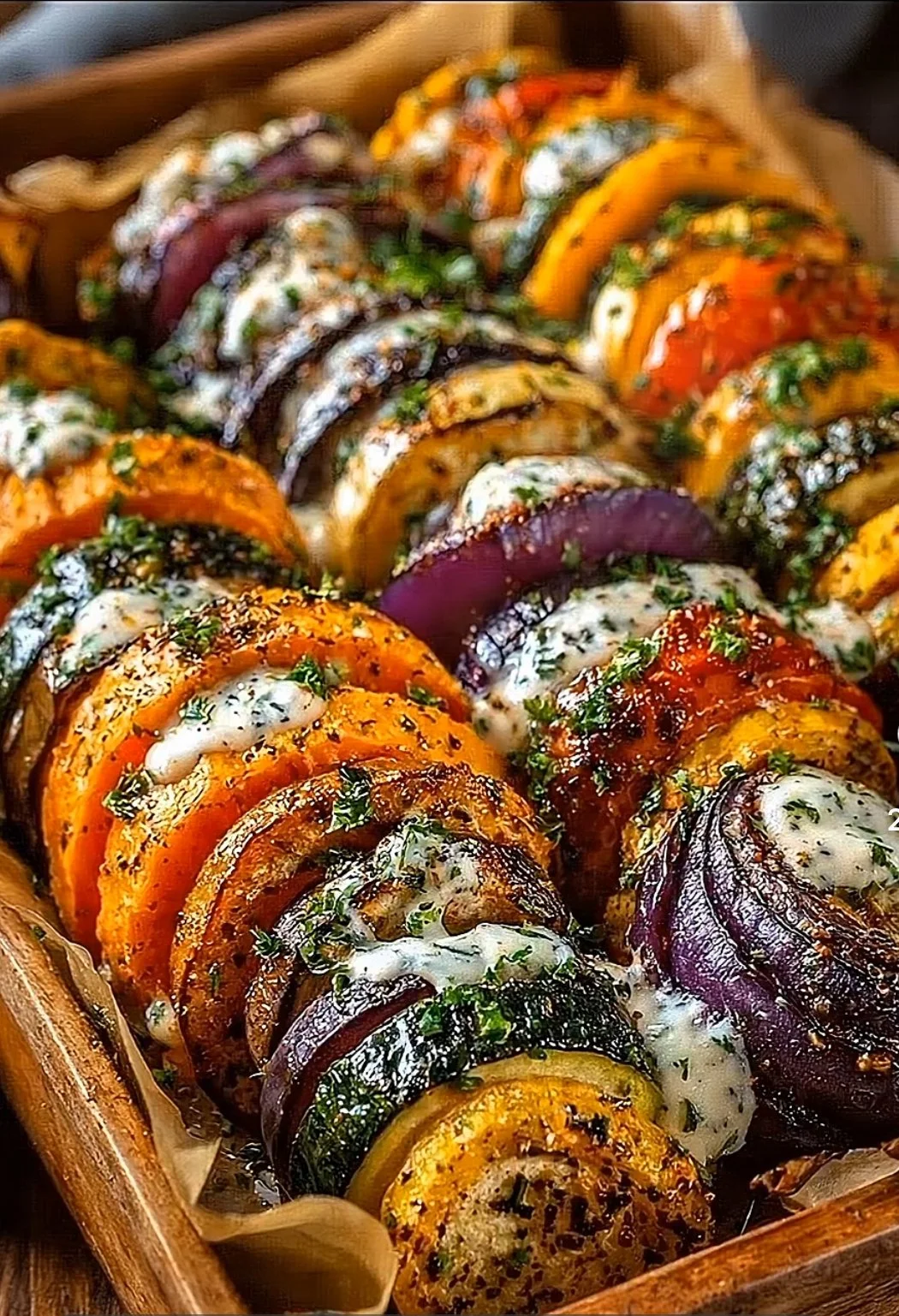 Roasted Ratatouille-Style Vegetable Bake with Garlic Herb Sauce