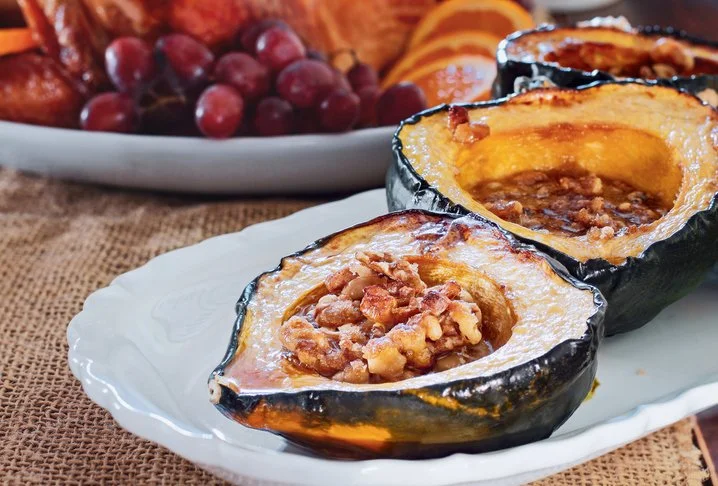 Acorn Squash with Goat Cheese + Roasted Maple Walnuts-   vegan optional