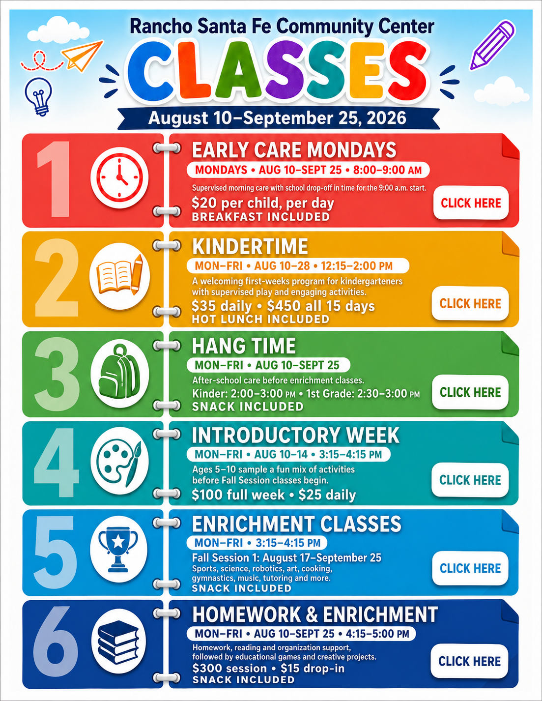Rancho Santa Fe Community Center class schedule, August 10 through September 25, 2026