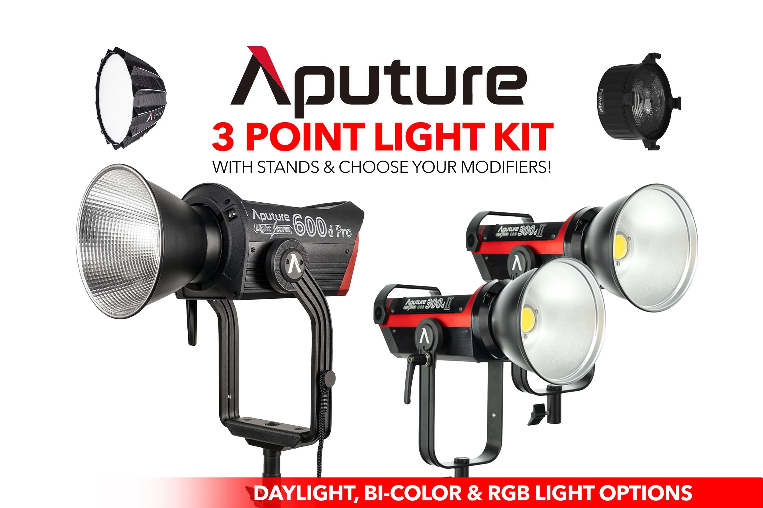 Aputure 3 Point Lighting Kit (1x LS 600D Pro & 2x LS 300D II) w/ modifiers