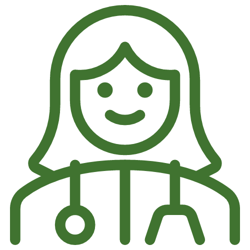 Line drawing of a female healthcare professional with a stethoscope around her neck.