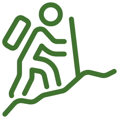 Line drawing of a hiker with a backpack walking on a trail.