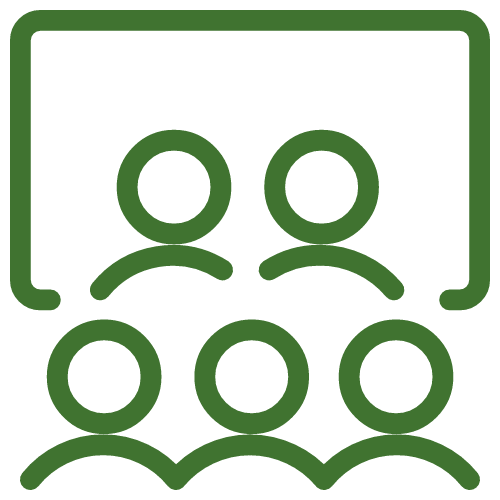Icon of a group of six people with a rectangle border, representing a team or group meeting.