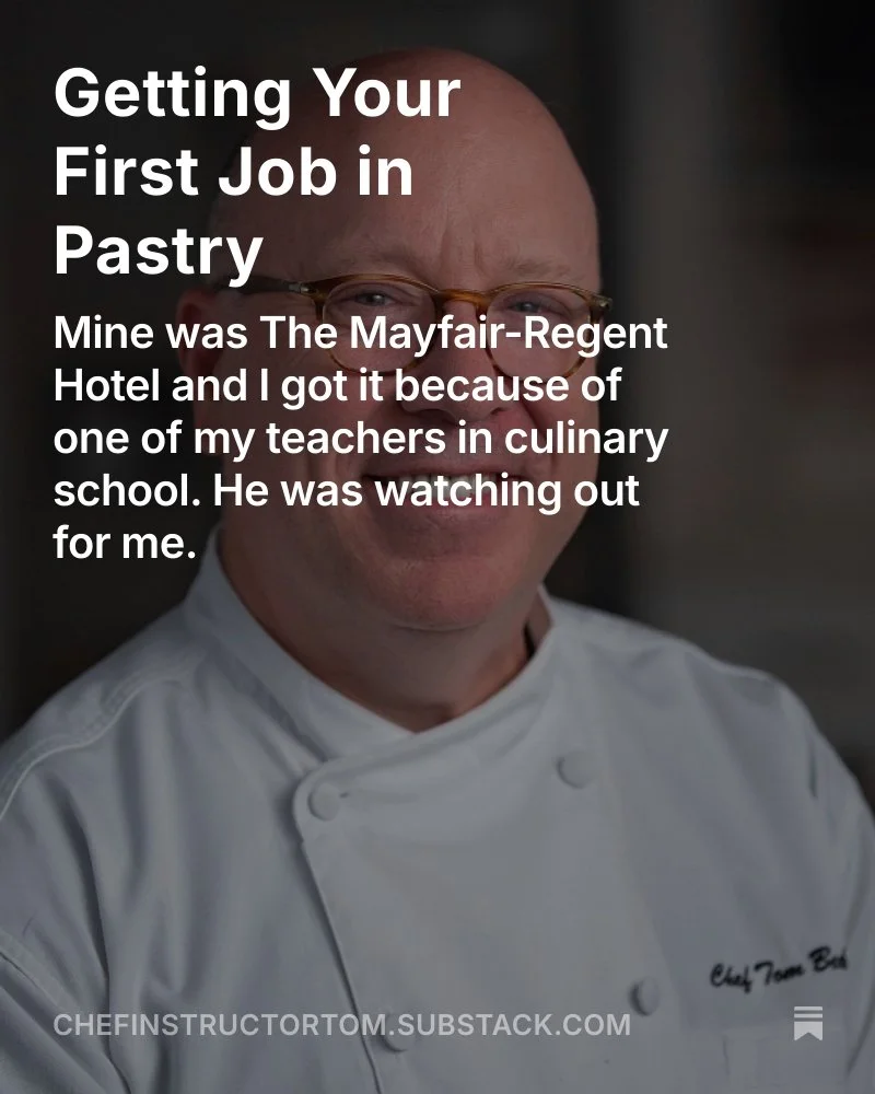 I recently had the opportunity to help one of my students get their first job in pastry. In my post, I share how I got my first job from one of my instructors in culinary school 35 years ago. Thanks for taking the time to read it. Link in the bio.