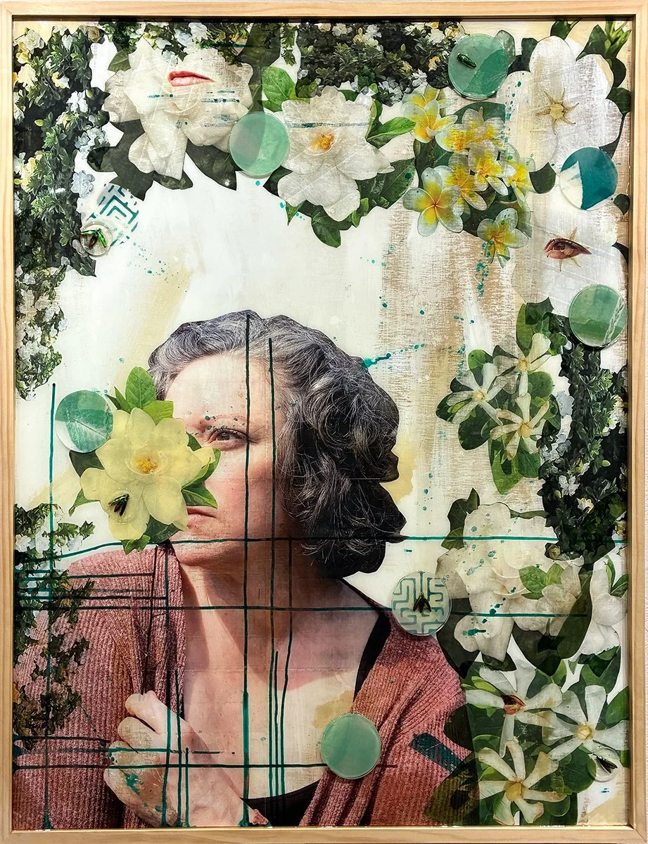 "Restlessness of the Mind", 38x46 Mixed media, image transfer, organic material in resin // Erin Ives