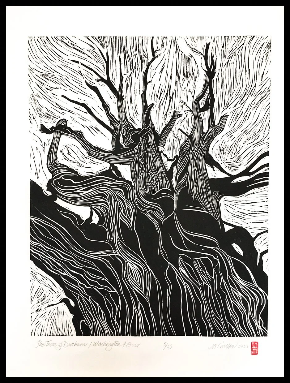"The Trees of Durham, Washington & Greer", 24x27 Framed woodcut print // Michael Winslow