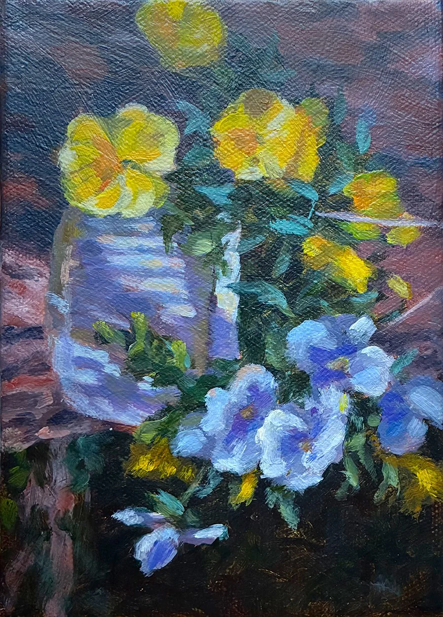 "Basket of Pansies", 5x7 Acrylic on canvas //Sonia R. Kane