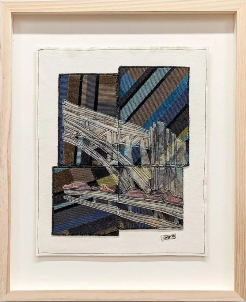 "I-95", 16x20 Silk organza and other fabrics with stitch, framed // Caitlin Cary