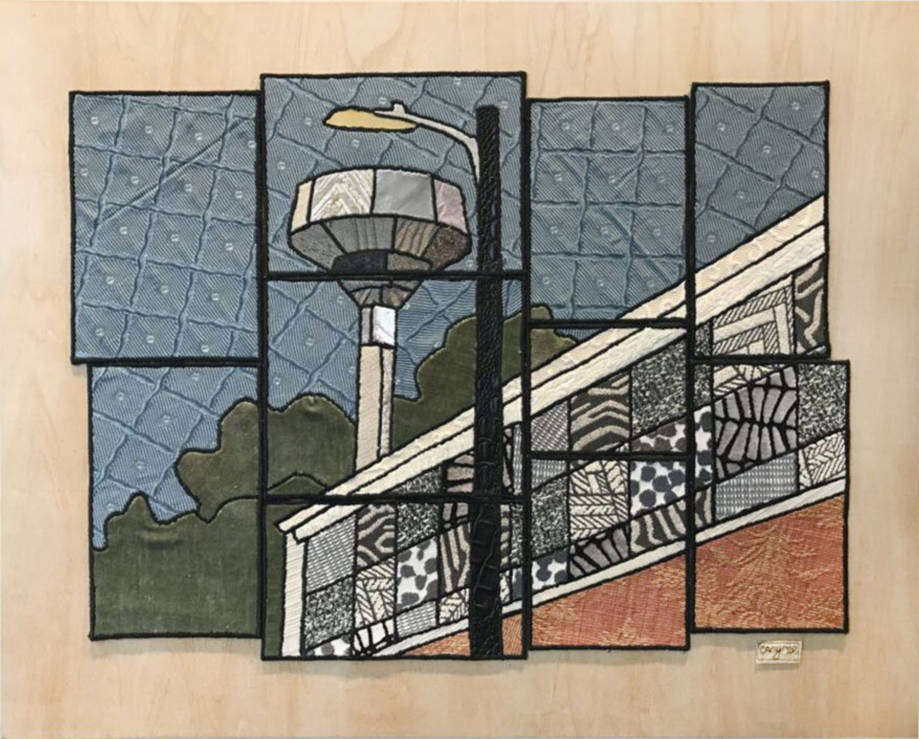"Piers School", 30x24 Fabric and stitch on birch panel // Caitlin Cary