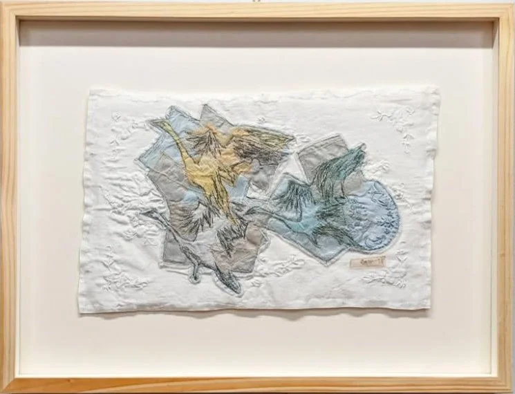 "Montanas", 24x18 Heirloom linens, silk organza and other fabrics with stitch, framed // Caitlin Cary