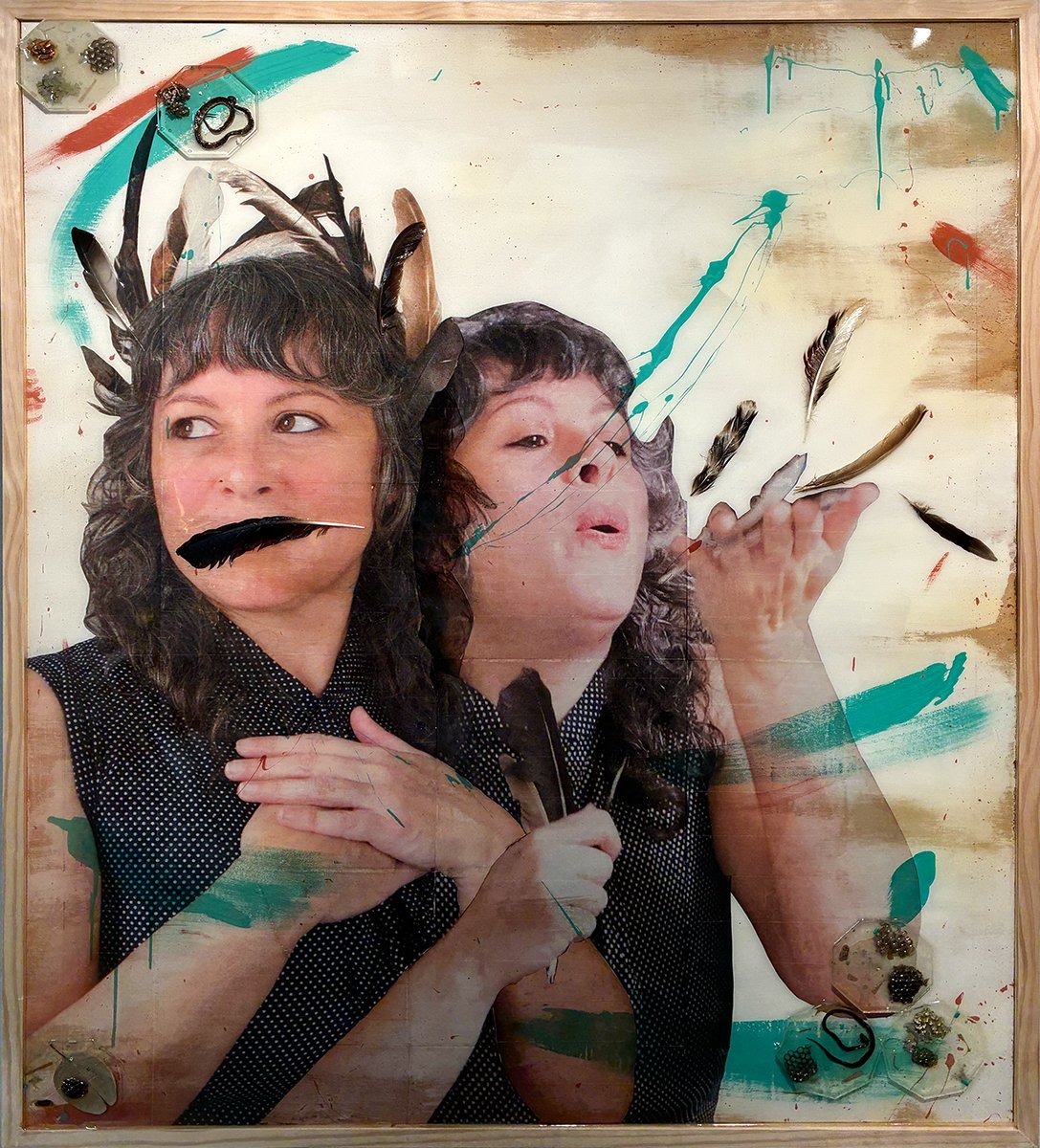 "The Future Is Behind Us", 38x46 Mixed media, image transfer, organic material in resin // Erin Ives