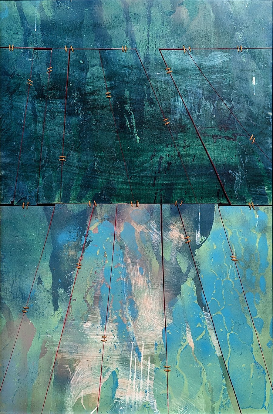 "Buoyant", 25.5x37.5 Acrylic and waxed string on maple plywood // Jean Gray Mohs