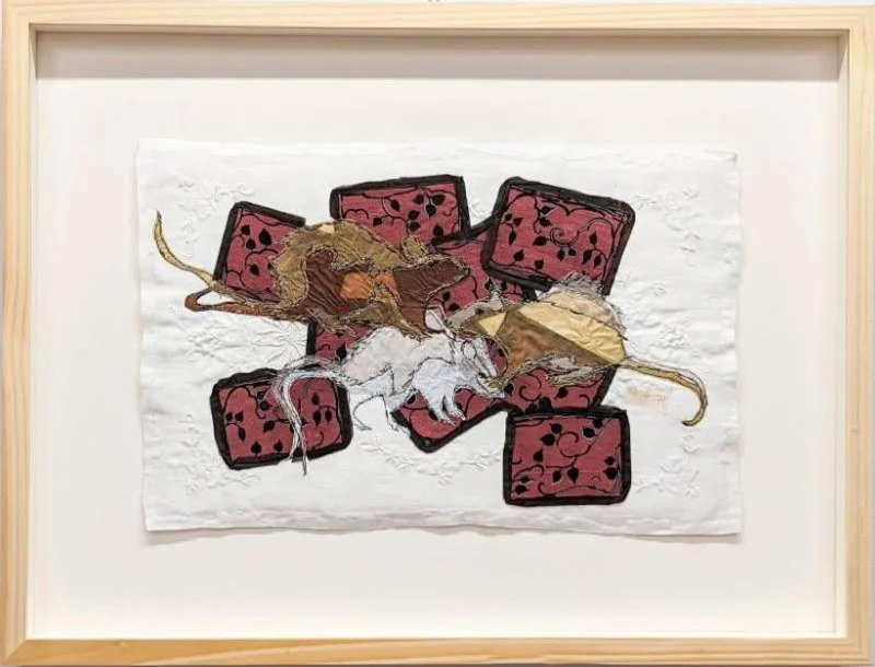 "Ramonas", 24x18 Heirloom linens, silk organza and other fabrics with stitch, framed // Caitlin Cary