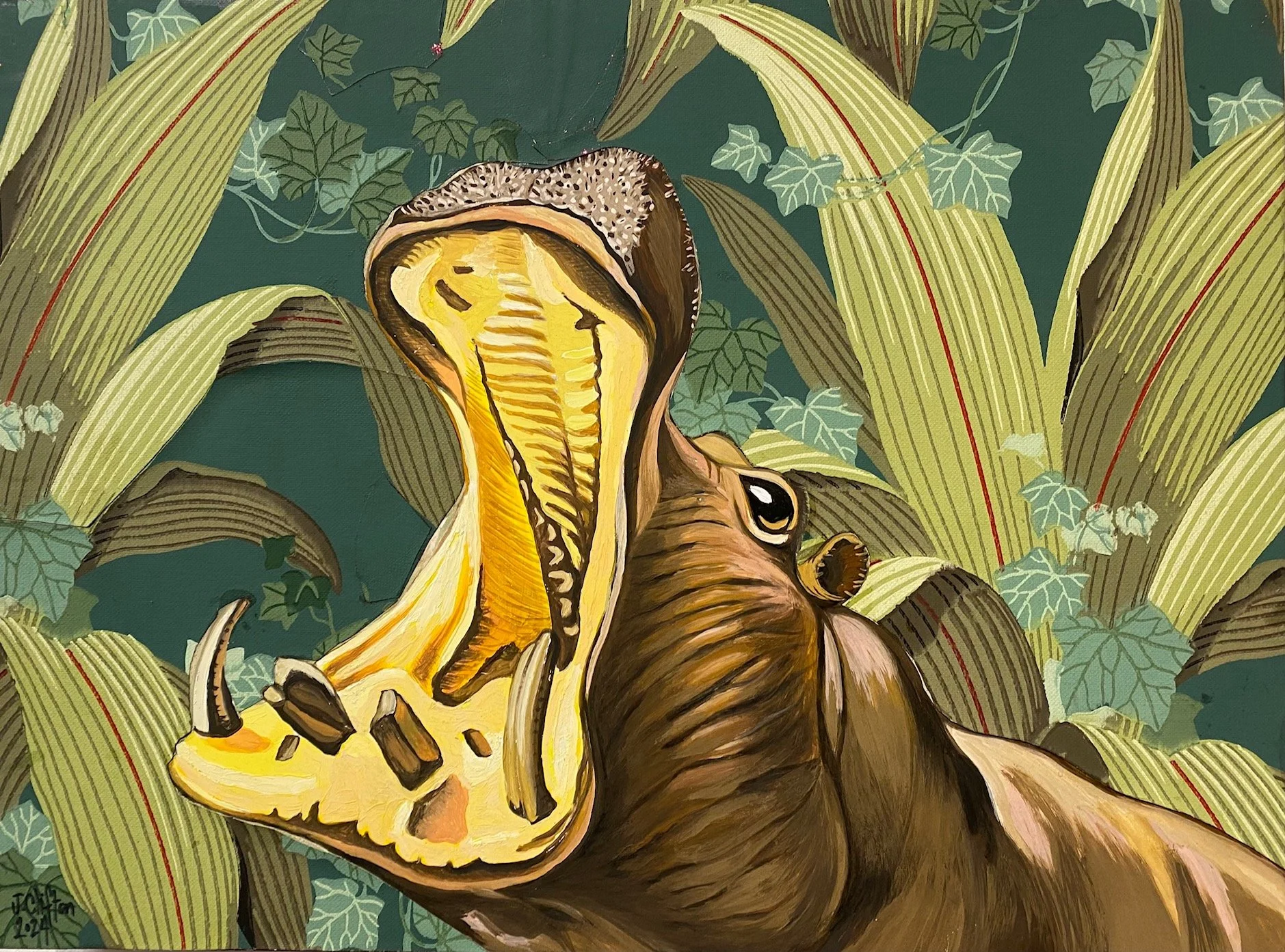 "River Horse", 24x18 gouche, wallpaper and glitter on panel // Jennifer Clifton