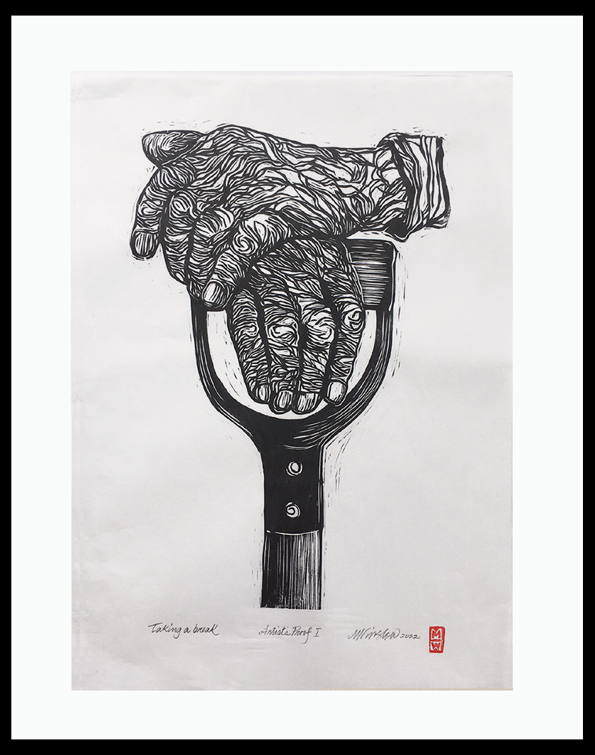 "Taking a Break", 24x27 Framed woodcut print // Michael Winslow