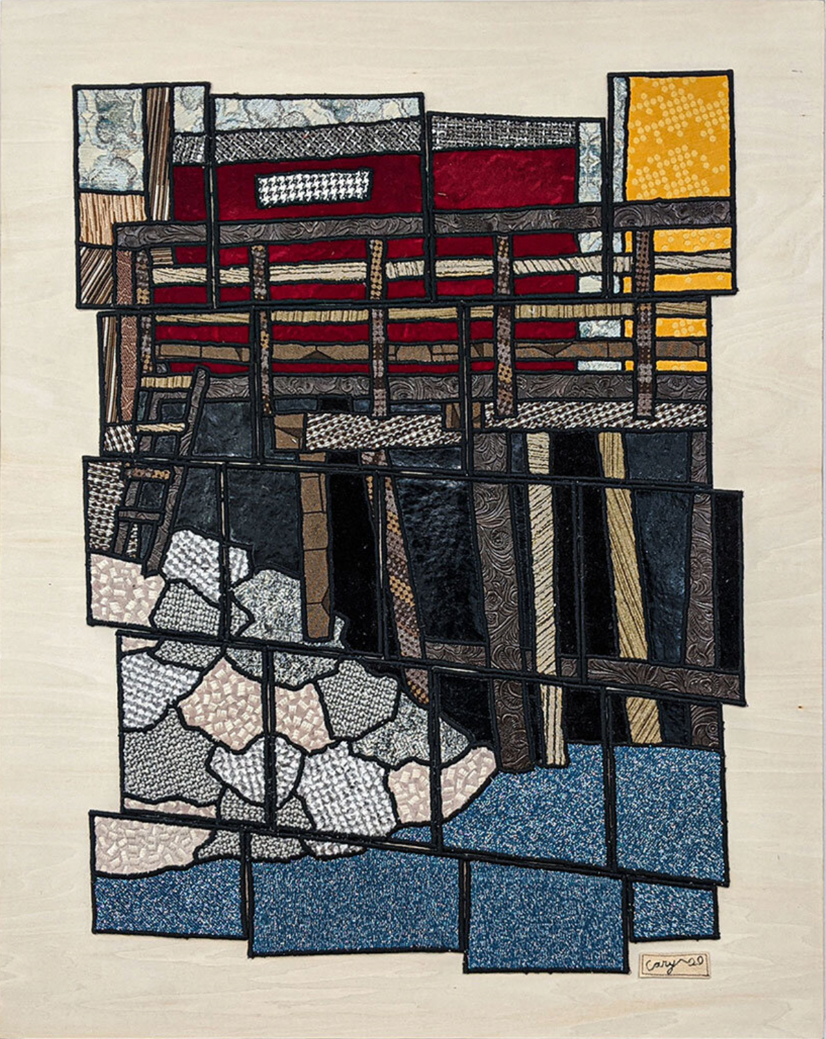 "Piers Damariscotta", 24x30 Fabric and stitch on birch panel // Caitlin Cary